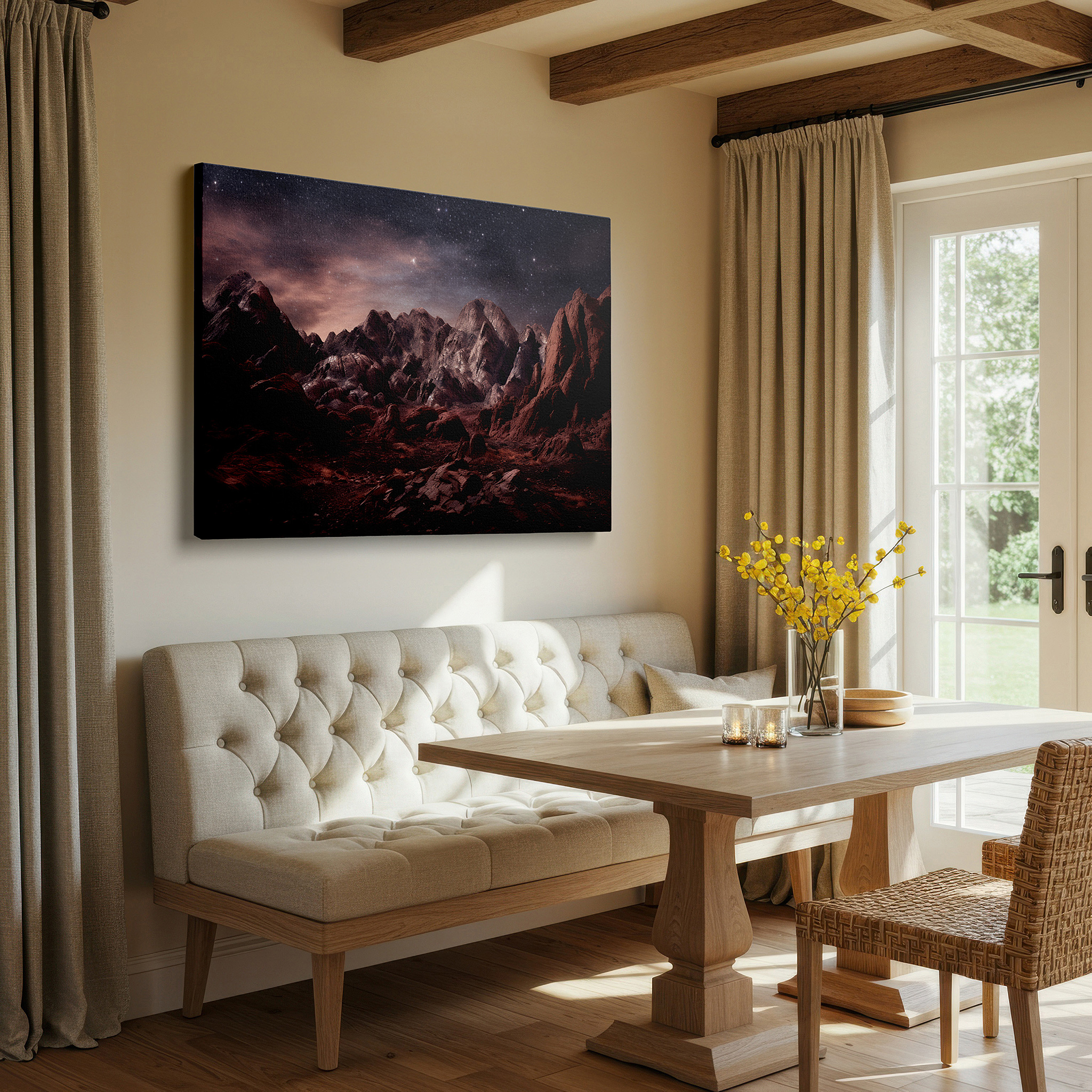 Aligned with a curated gallery wall of abstract artworks — majestic mountains beneath starry skies at dusk - expansive natural scenery wall art, large canvas print, home and office decor, bedroom wall art