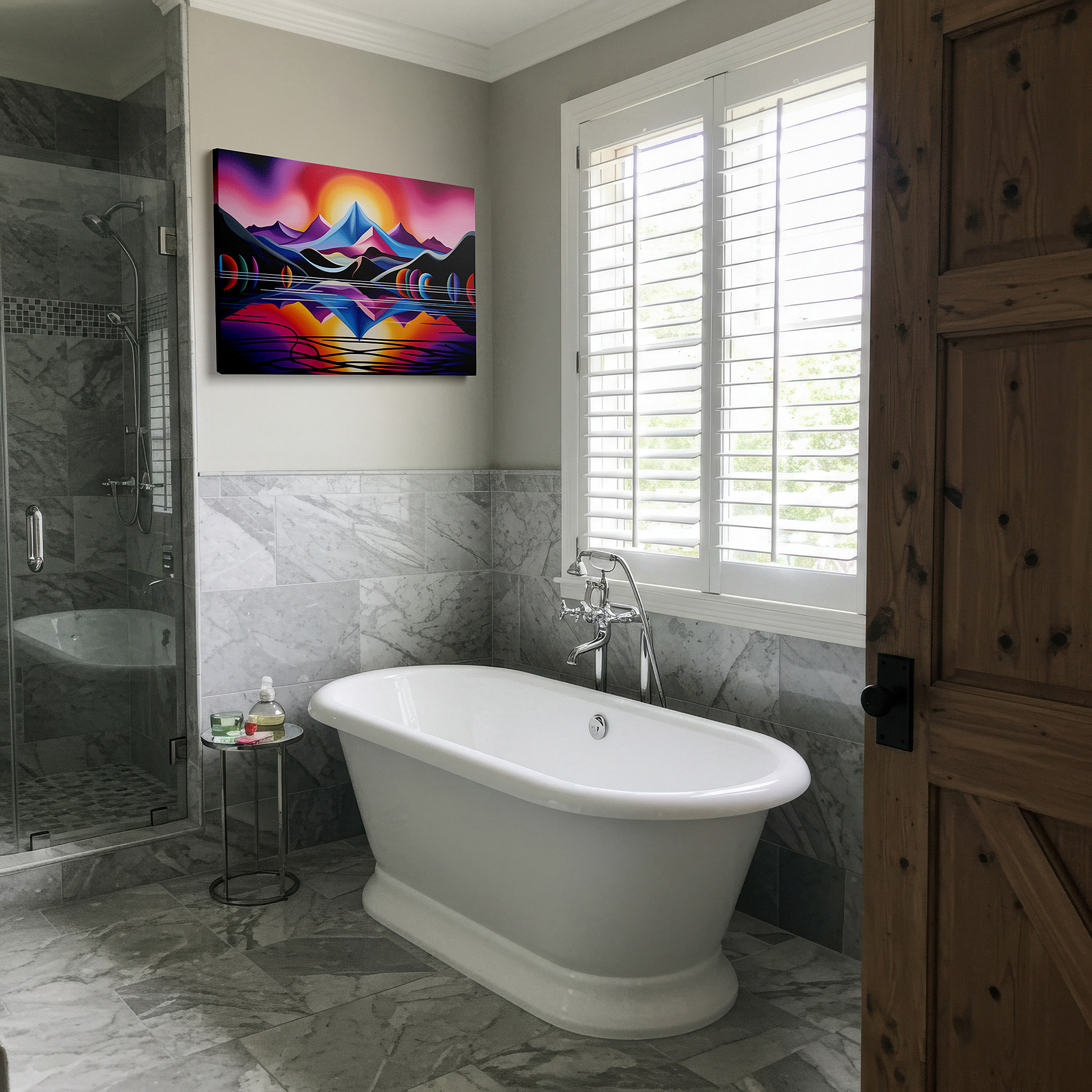 Aligned with a curated gallery wall of abstract artworks — majestic mountains and glowing sunrise reflection on serene waters large wall art, canvas wall art, wall decor for office and bedroom