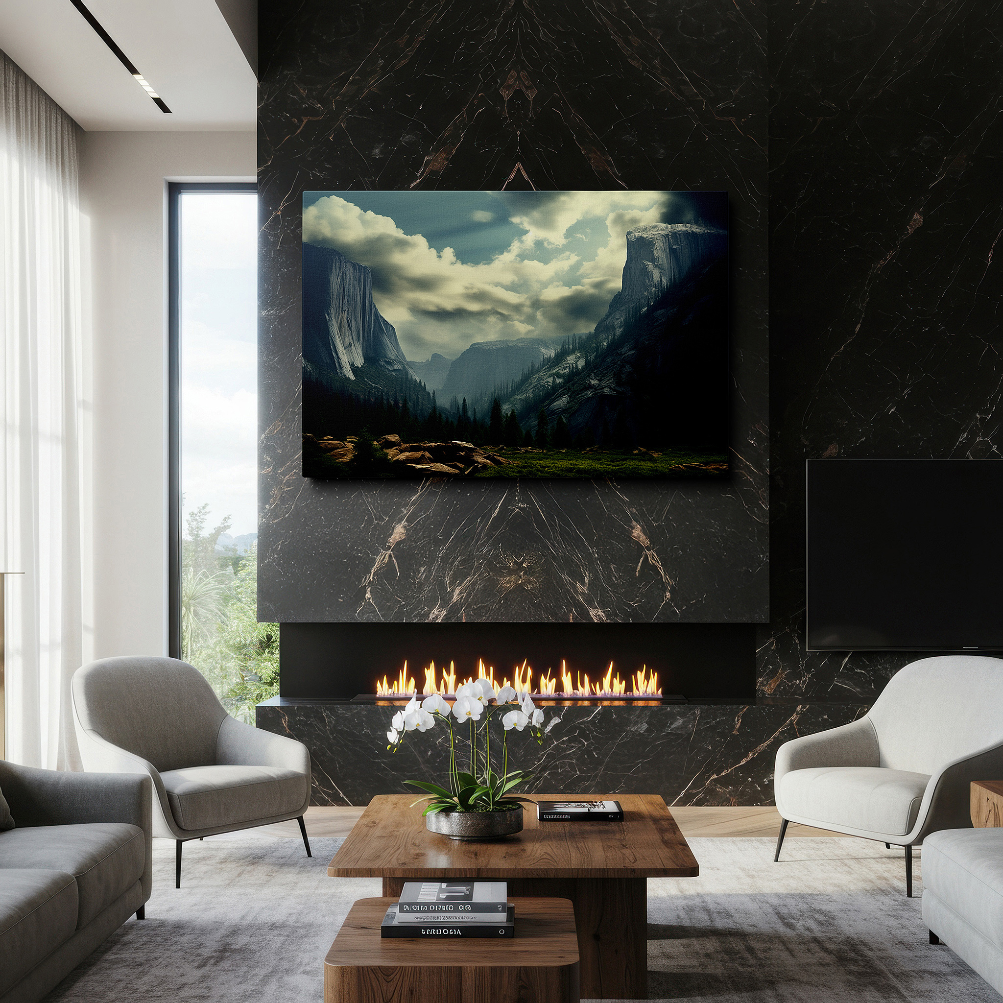 Aligned with a curated gallery wall of abstract artworks — majestic mountains and moody skies: a tranquil yet dramatic landscape - large wall art, canvas wall art, wall decor for offices and bedrooms