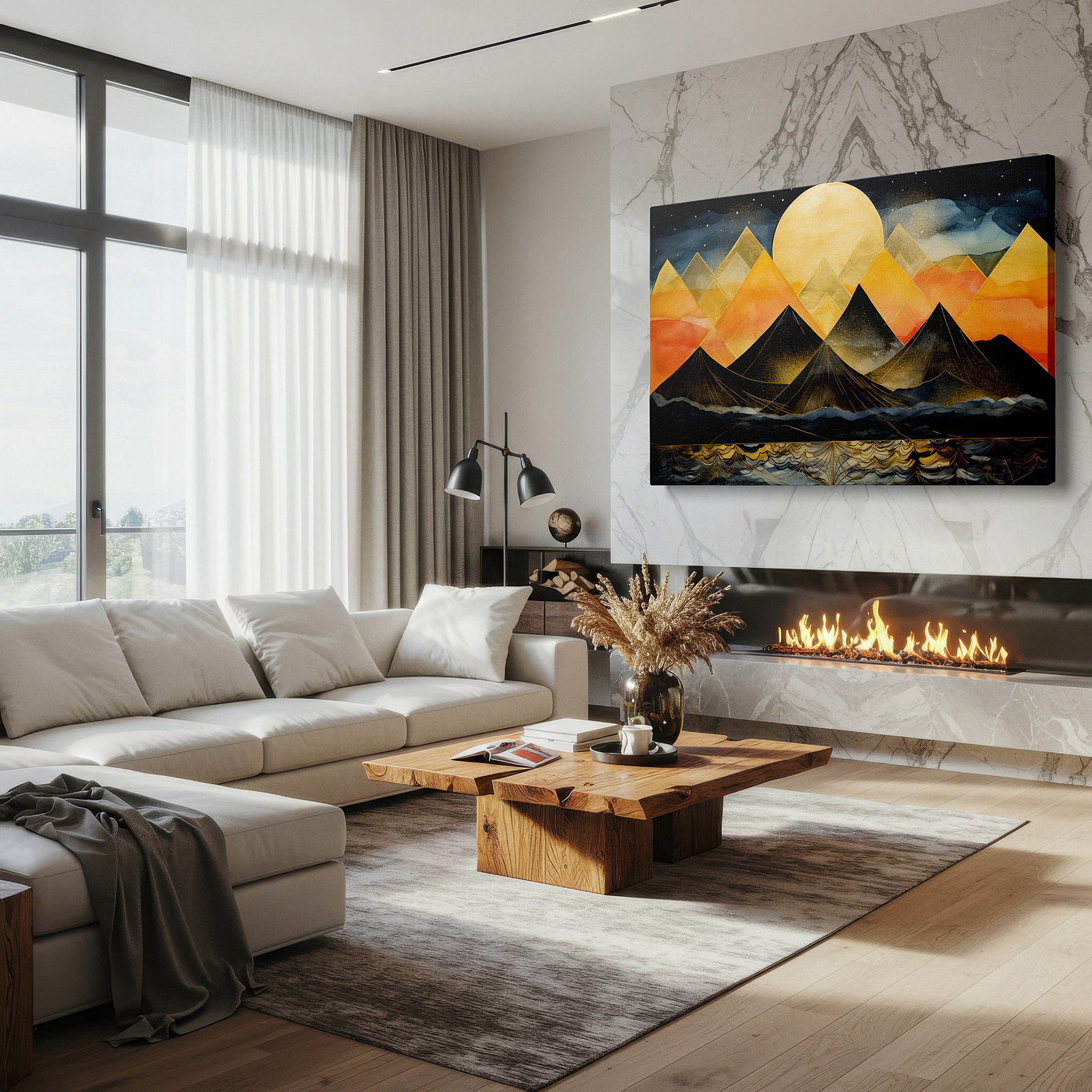 Aligned with a curated gallery wall of abstract artworks — majestic mountains and radiant sunlight: a serene landscape of reflection and tranquility - large canvas wall art decor