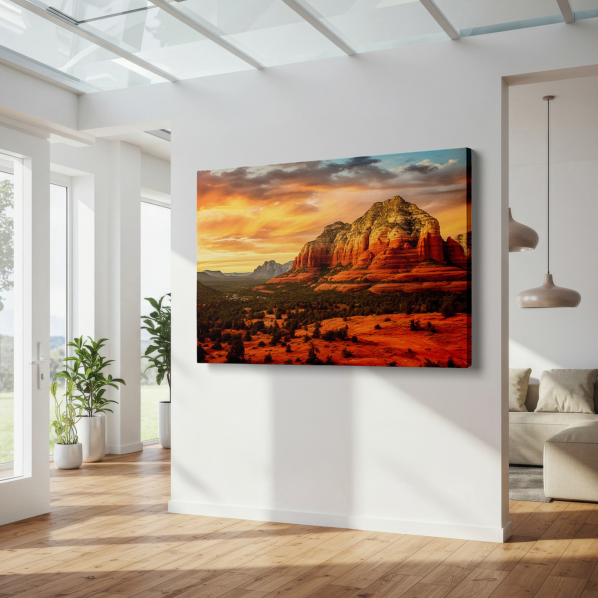 Aligned with a curated gallery wall of abstract artworks — majestic sedona mountains in sunset glow - large canvas wall art for office, bedroom, and living room decor