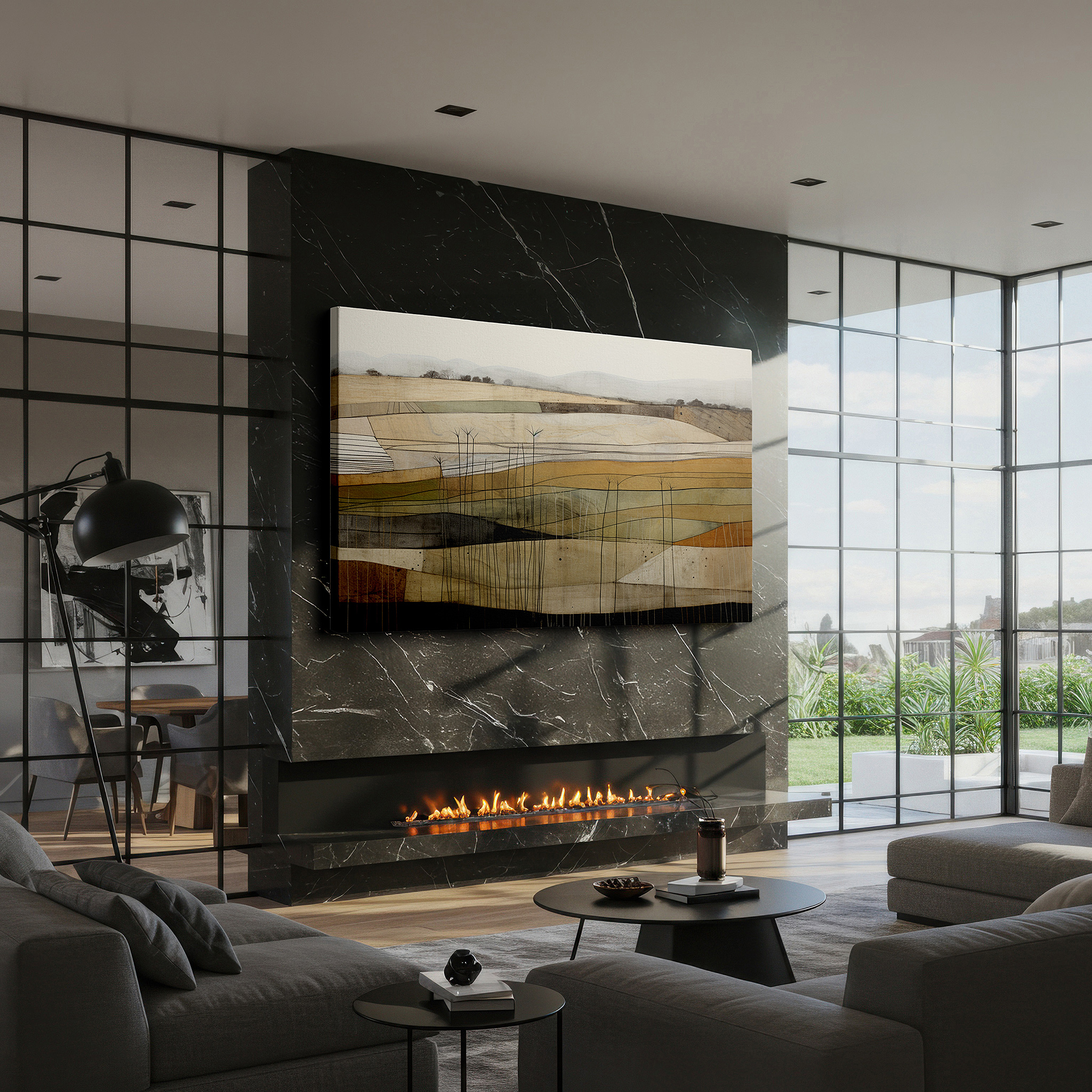 Aligned with a curated gallery wall of abstract artworks — minimalist landscape with tranquil fields and soft earth tones, large canvas wall art for office and bedroom decor