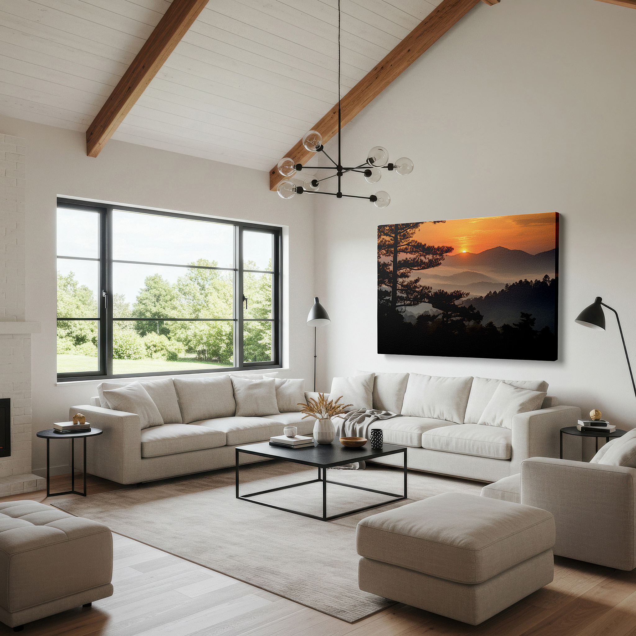 Aligned with a curated gallery wall of abstract artworks — misty mountain sunset glow, majestic pine-framed radiant skies, large canvas wall art for office and bedroom decor