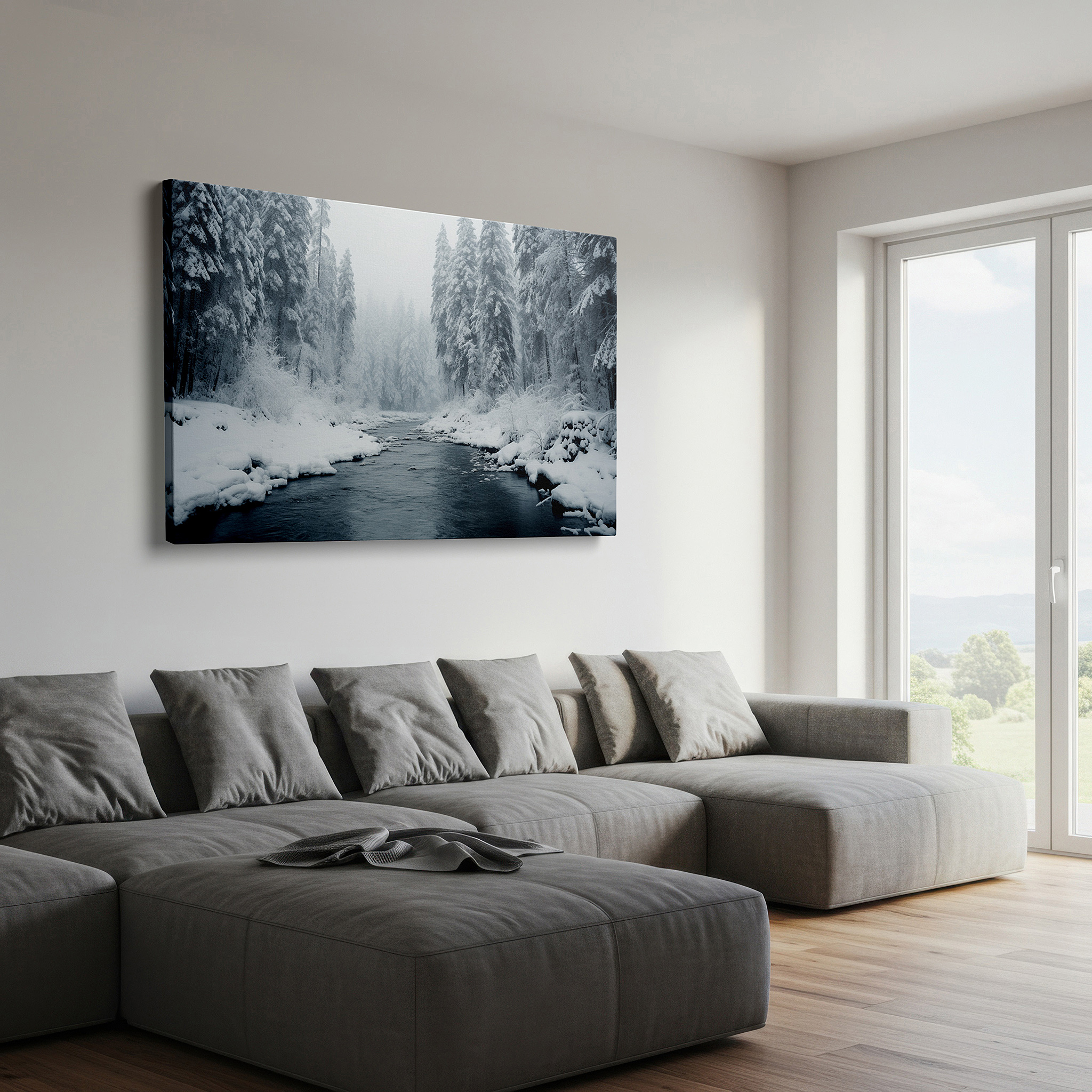 Aligned with a curated gallery wall of abstract artworks — misty winter scene with foggy river and snow-covered pines large wall art, canvas wall art, wall decor for office and bedroom