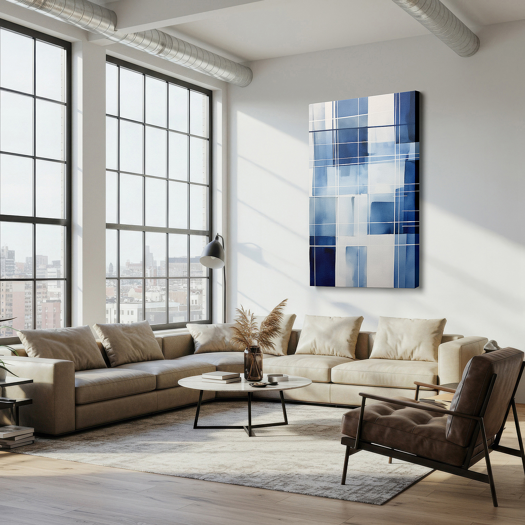 Aligned with a curated gallery wall of abstract artworks — modern geometric blues in a calm grid, ideal for contemporary spaces, large wall art, canvas wall art, wall decor, office wall art
