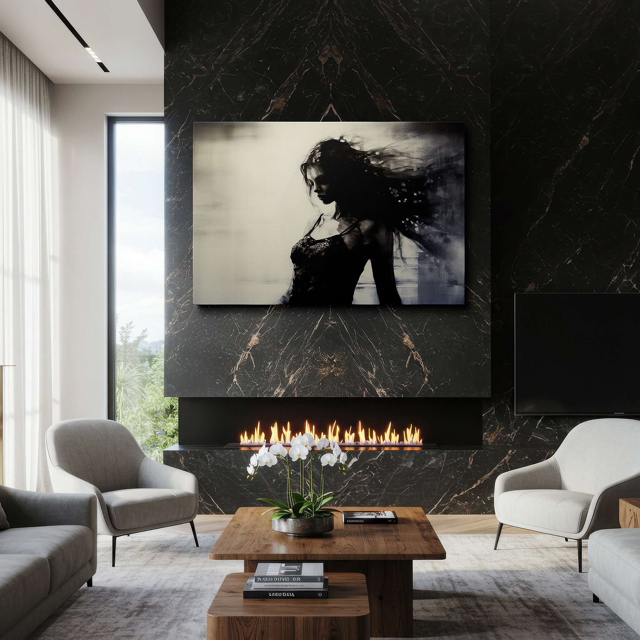 Aligned with a curated gallery wall of abstract artworks — monochromatic essence of femininity: timeless light and shadow interplay, large canvas wall art for office decor