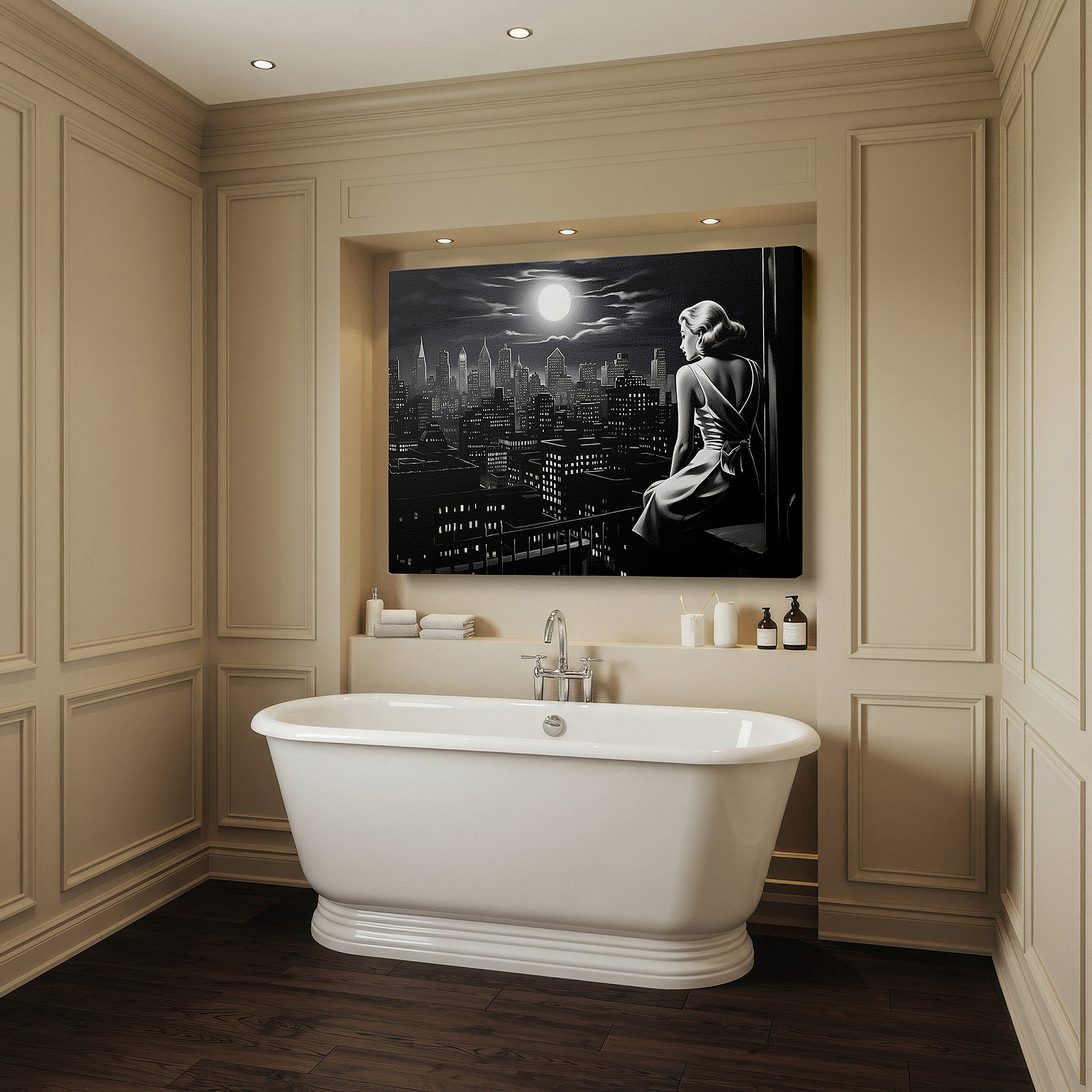 Aligned with a curated gallery wall of abstract artworks — moonlit contemplation: reflective nostalgia and urban exploration in large wall art, canvas decor for offices and bedrooms