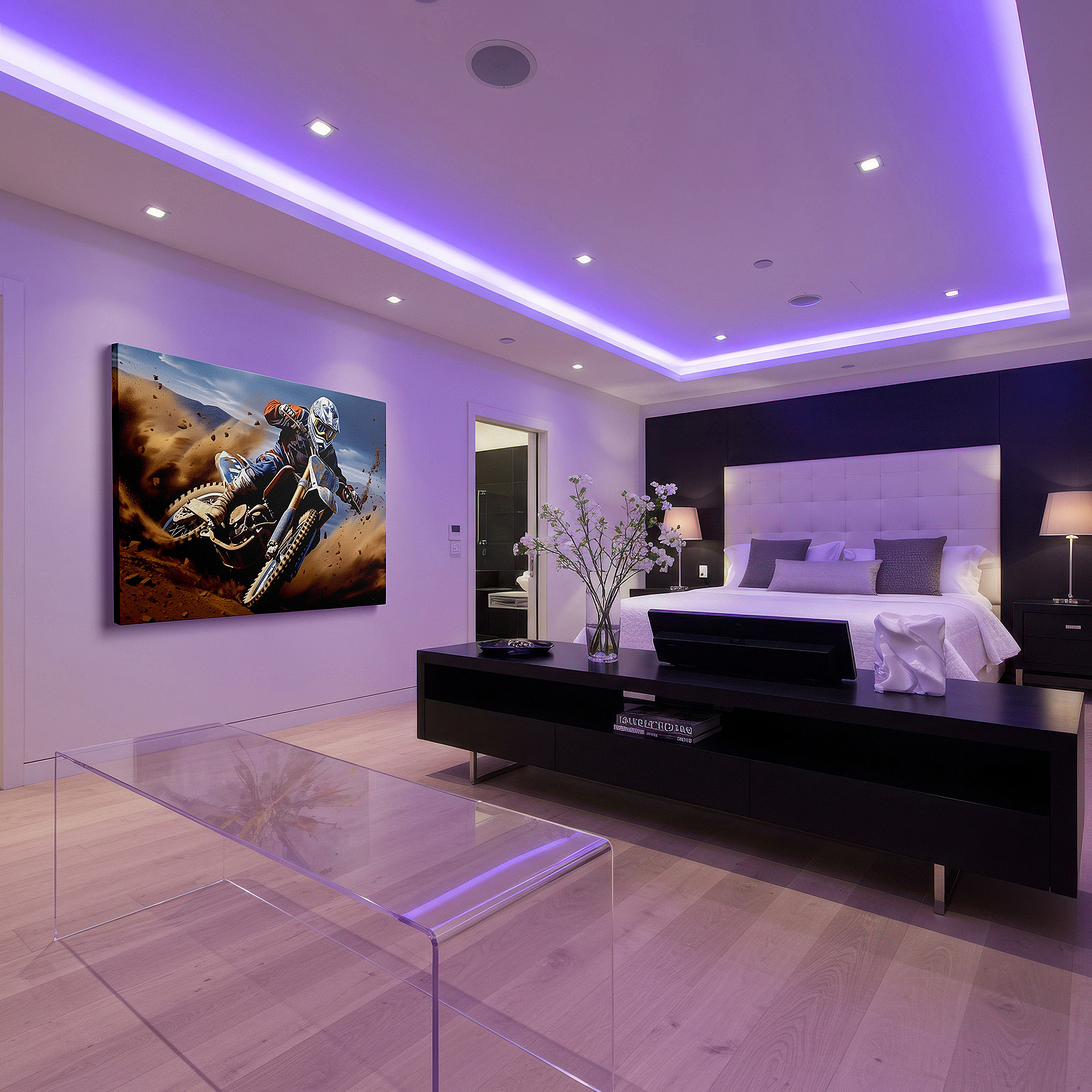Aligned with a curated gallery wall of abstract artworks — motocross racer wall art: dynamic scene with swirling dust, symbolizing motion and excitement - large canvas for home or office decor