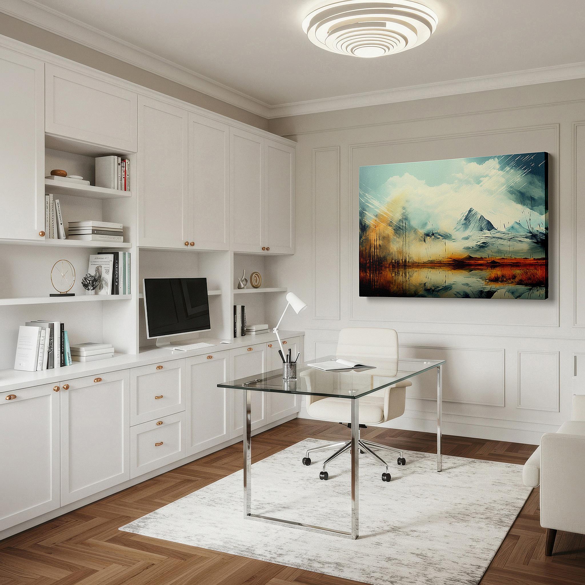 Aligned with a curated gallery wall of abstract artworks — mountain reflections and vibrant foliage wall art: large canvas for home and office decor