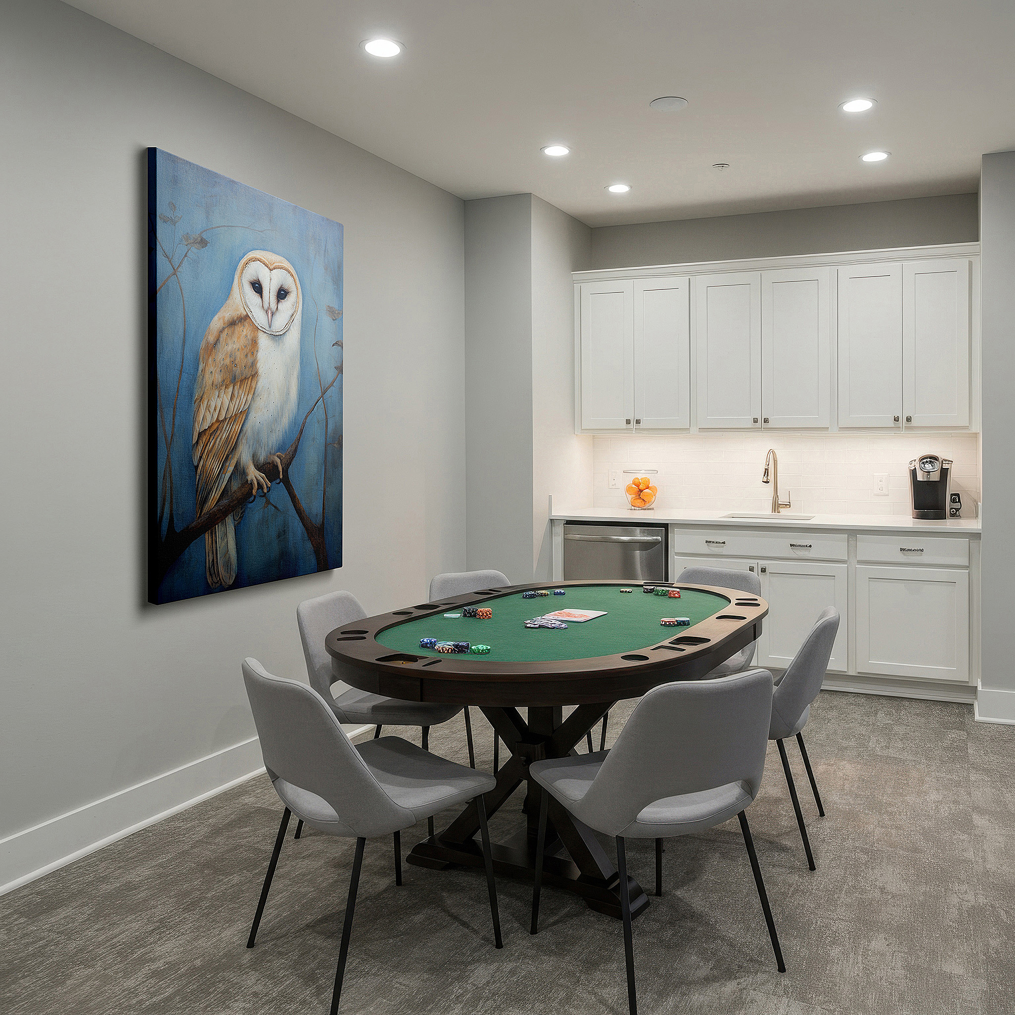 Aligned with a curated gallery wall of abstract artworks — mysterious owl sitting on a branch, emblematic of nature's serenity and wisdom, oversized wall art, canvas wall art, wall decor for office