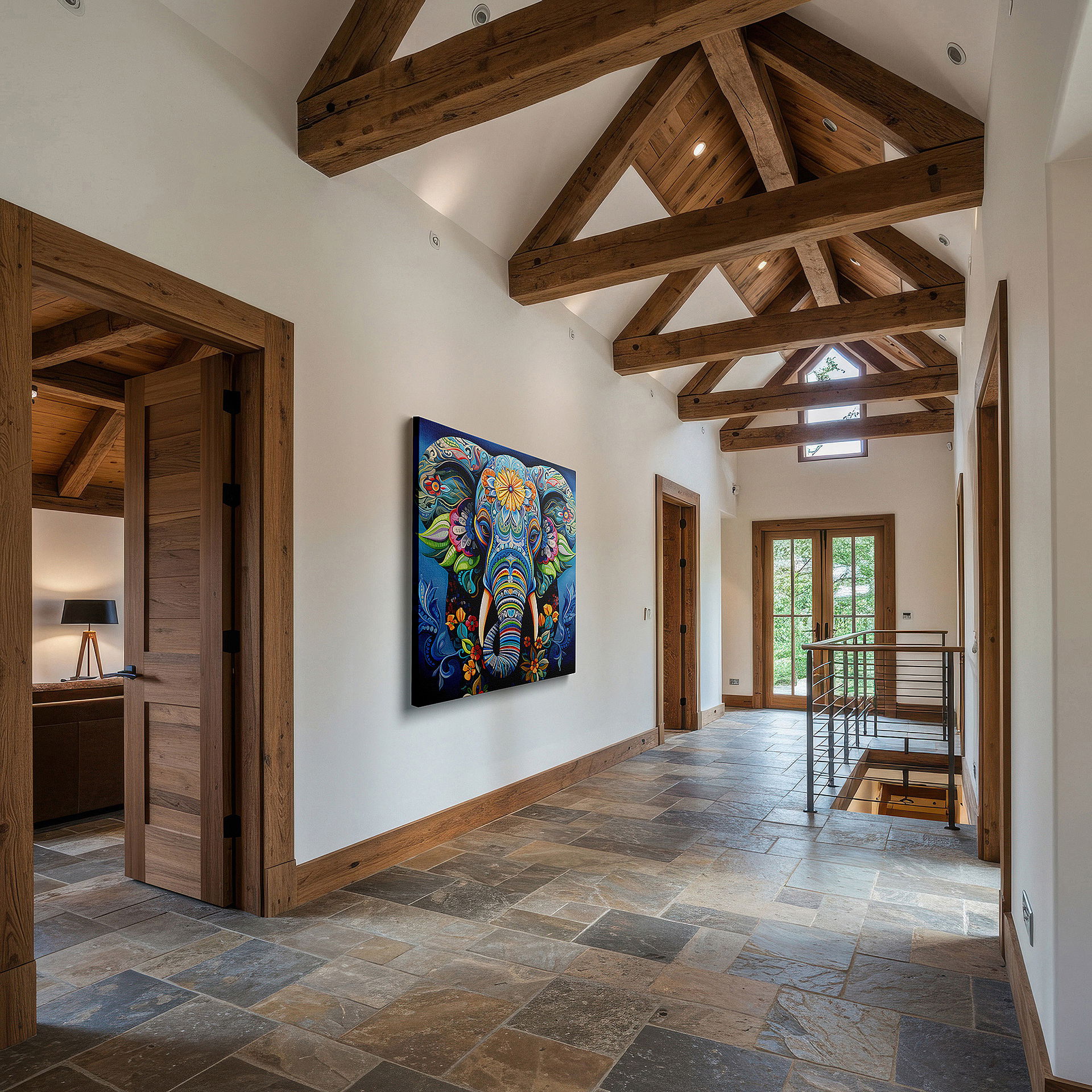 Aligned with a curated gallery wall of abstract artworks — mystical blue elephant wall art featuring floral and spiral