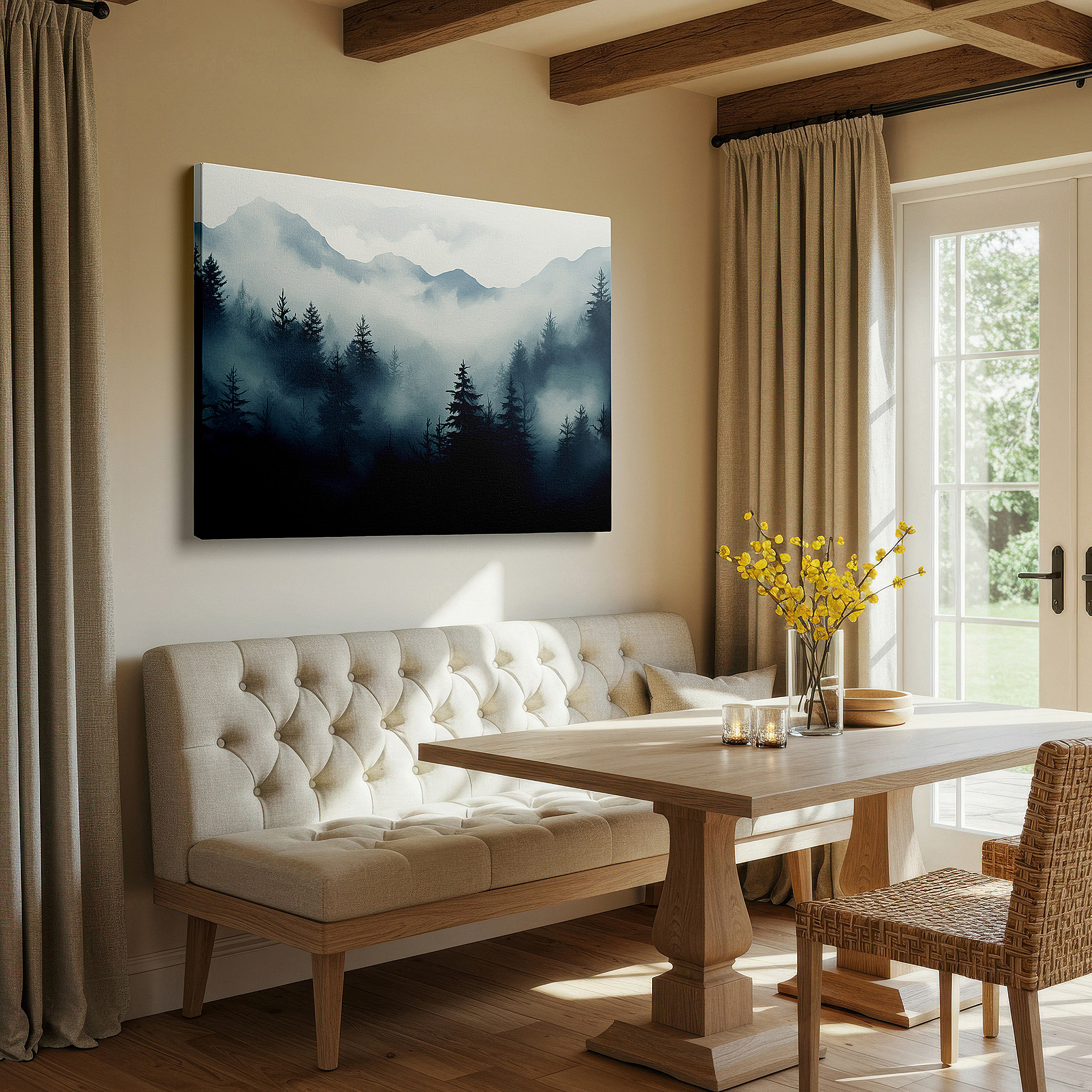 Aligned with a curated gallery wall of abstract artworks — mystical mountain fog - gateway to wild natural beauty and secrets large wall art, canvas wall art, wall decor, office wall art, bedroom wall art
