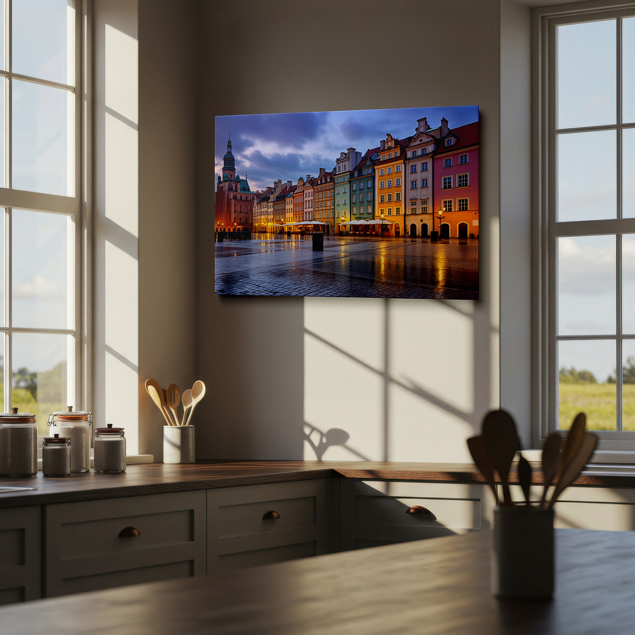 Aligned with a curated gallery wall of abstract artworks — old town square at dusk: a captivating fusion of historic charm and city life - large wall art, canvas wall art, wall decor for office