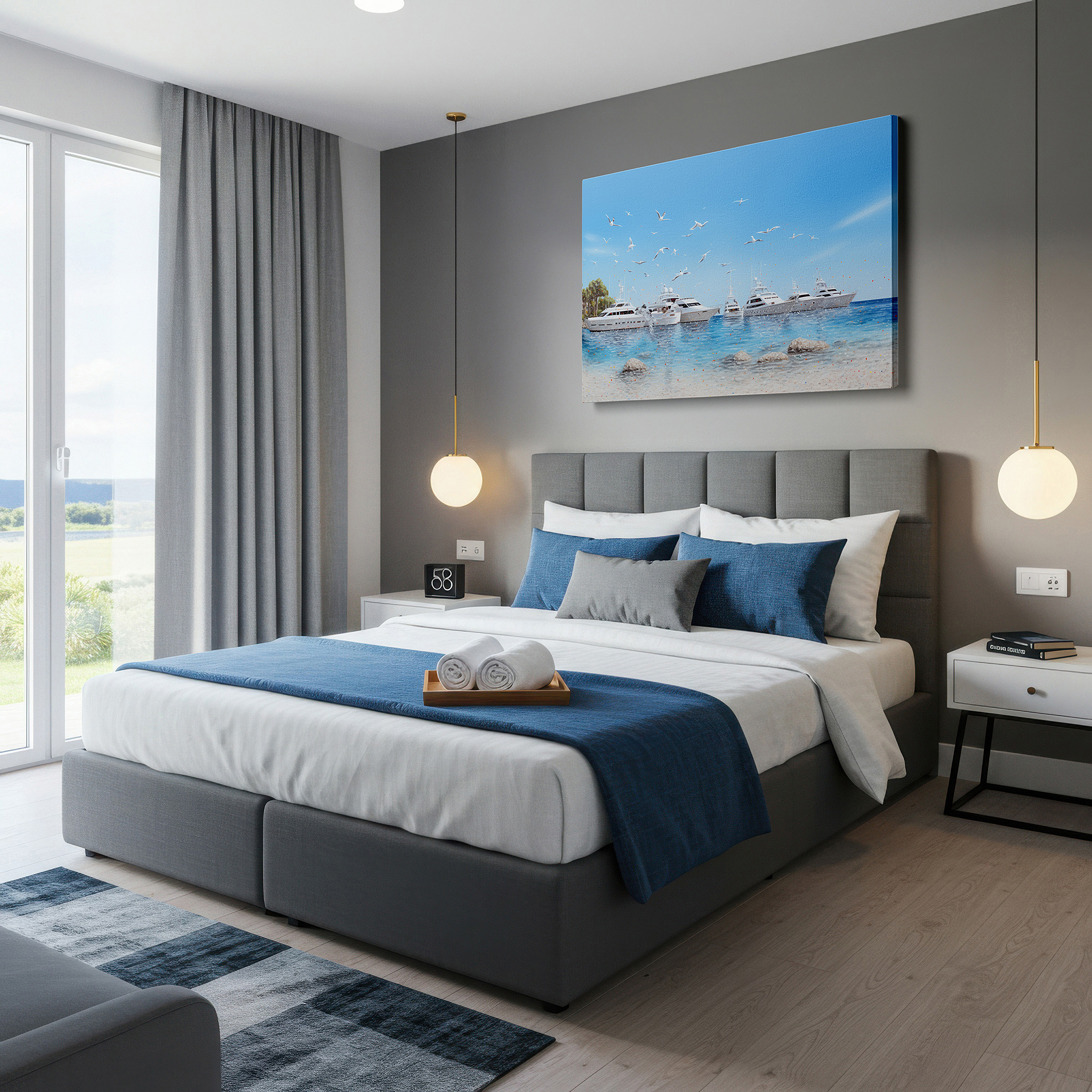 Aligned with a curated gallery wall of abstract artworks — opulent seaside tranquility - luxury yachts in tropical paradise large wall art, canvas wall art, wall art decor, office wall art