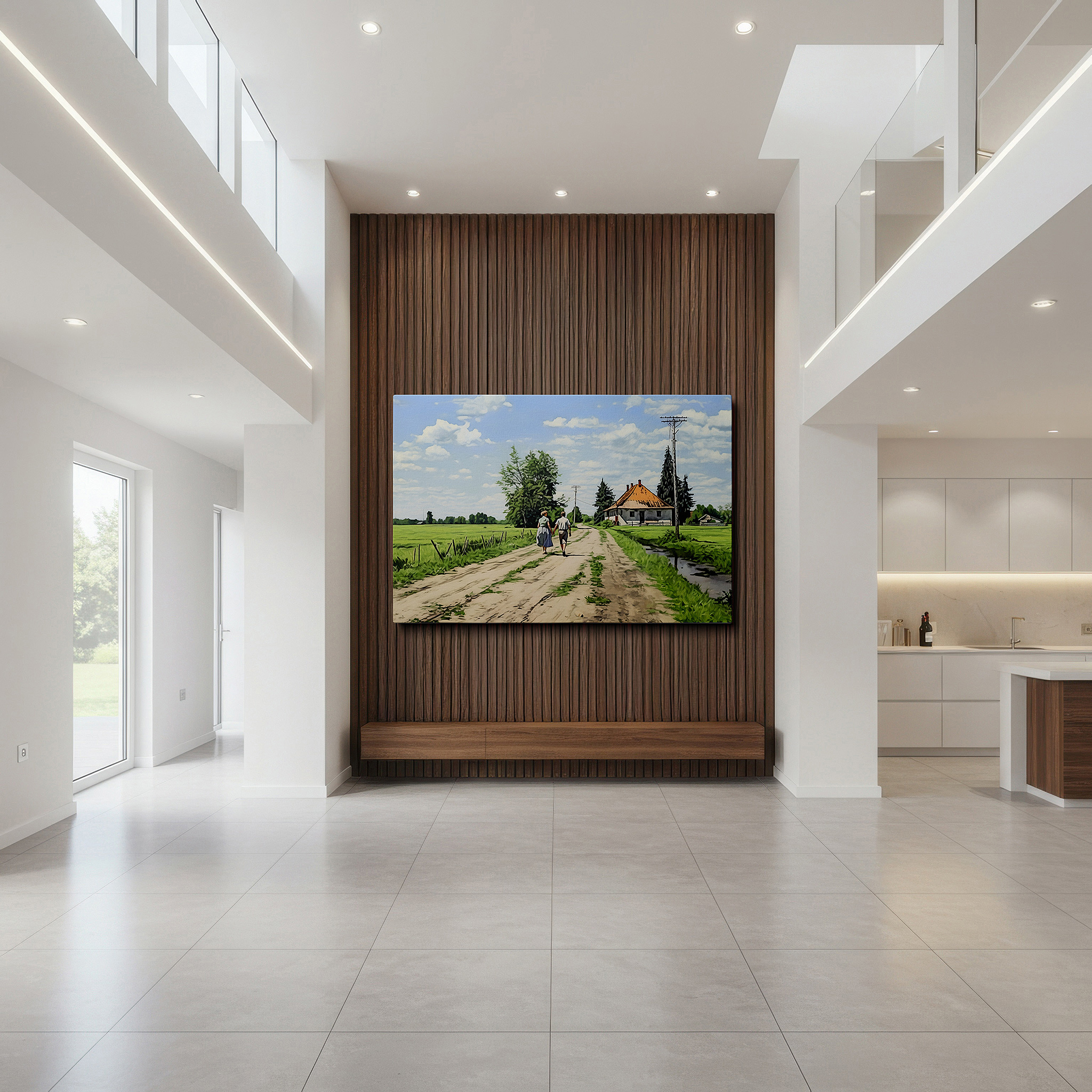 Aligned with a curated gallery wall of abstract artworks — peaceful walk through nature's mosaic, celebrating friendship beneath the expansive blue sky - large wall art, canvas wall art, wall decor for office