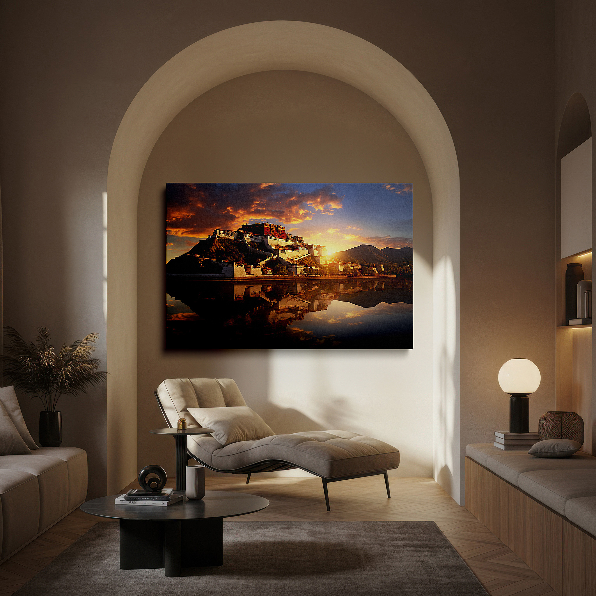 Aligned with a curated gallery wall of abstract artworks — potala palace golden hour glow: serene historical and natural reflections - large canvas wall art for office and bedroom decor