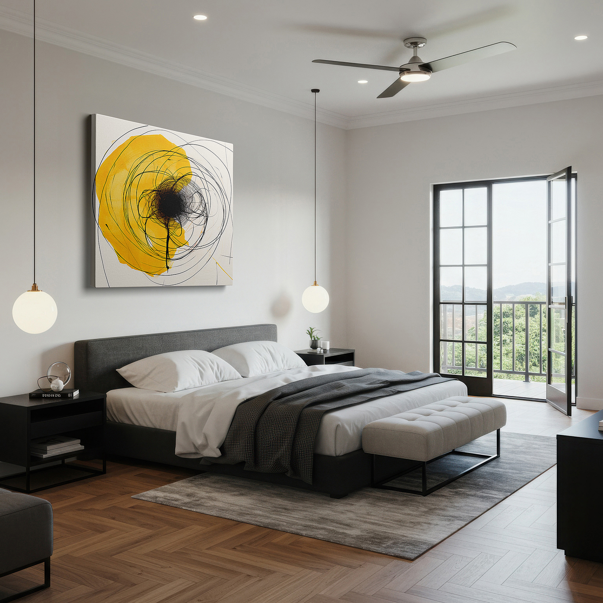 Aligned with a curated gallery wall of abstract artworks — radiant yellow spiral chaos and creativity large canvas wall art for office and bedroom decor