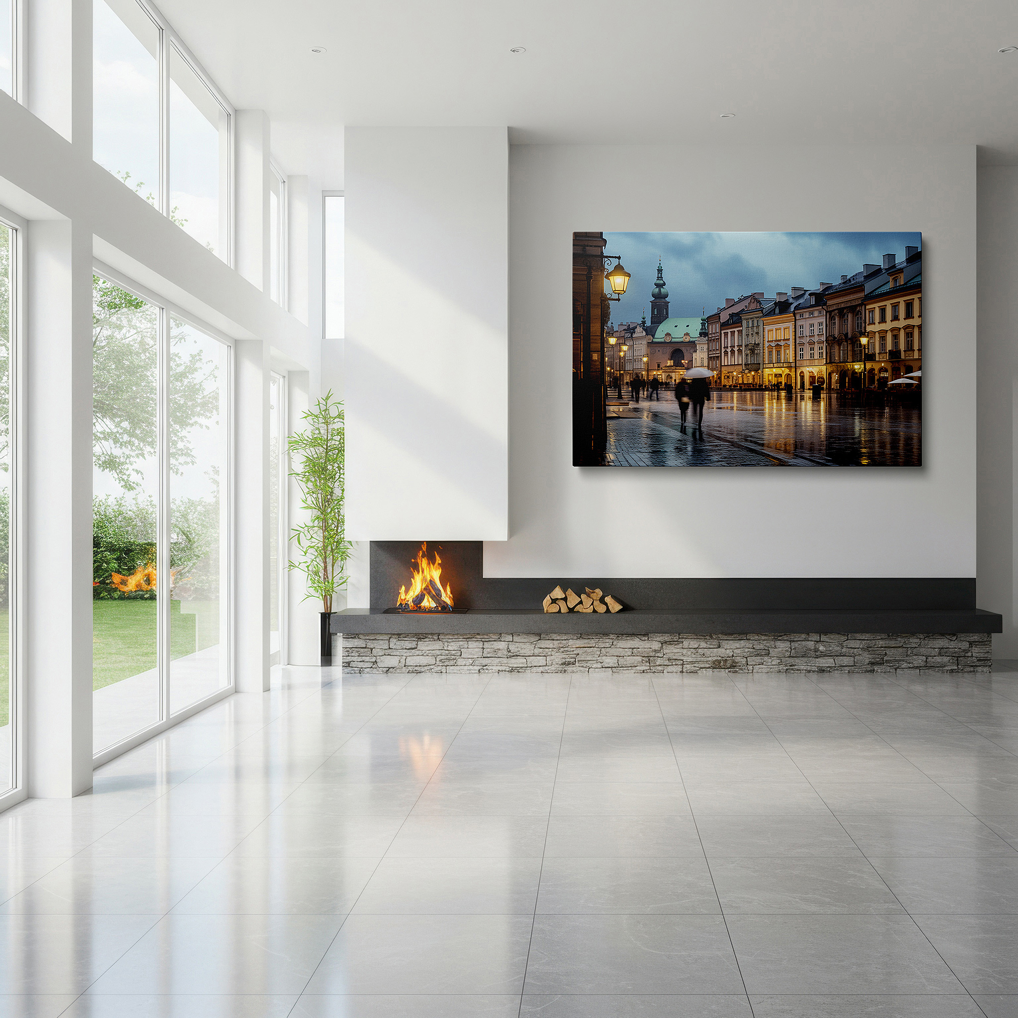 Aligned with a curated gallery wall of abstract artworks — rainy day musings on a cobblestone street featuring vibrant umbrellas and old-world appeal - large canvas wall art for home and office decor