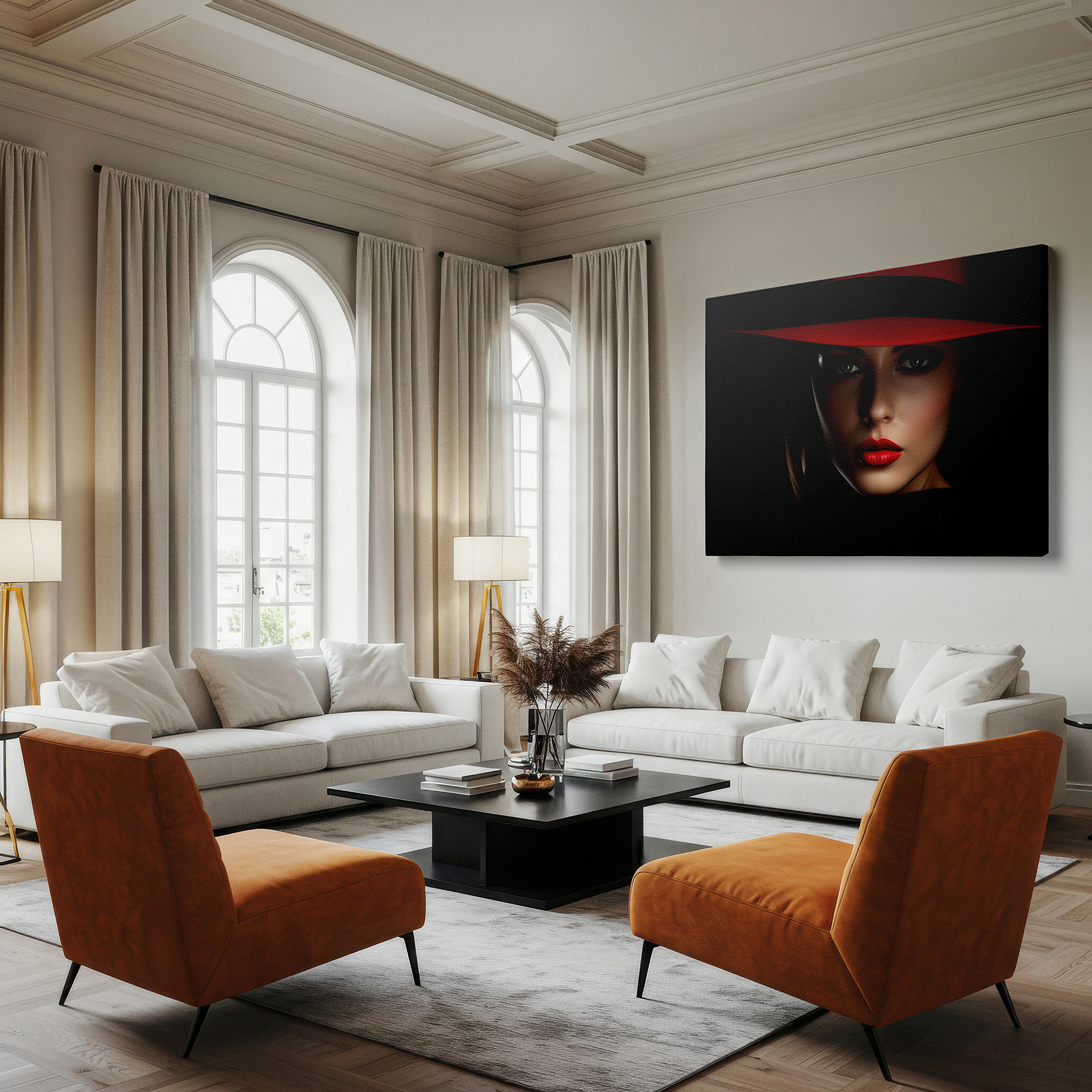 Aligned with a curated gallery wall of abstract artworks — red glamour - sophisticated portrait with a vivid hat, large canvas wall art for office and bedroom decor