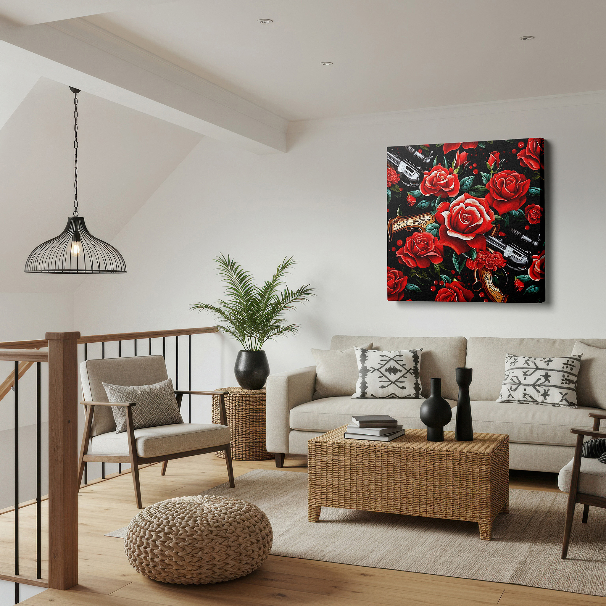 Aligned with a curated gallery wall of abstract artworks — roses and guns: a bold contrast of softness and peril - oversized wall art, canvas art, home and office decor