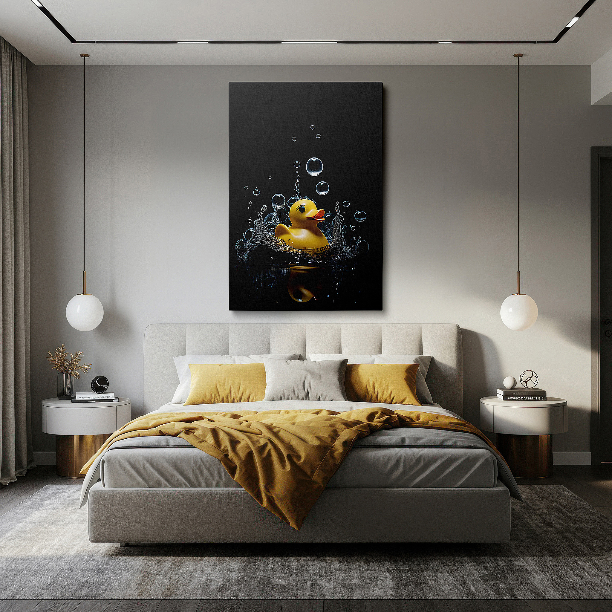 Aligned with a curated gallery wall of abstract artworks — rubber duck wall art: whimsical shadows and childhood nostalgia - large canvas decor for home and office