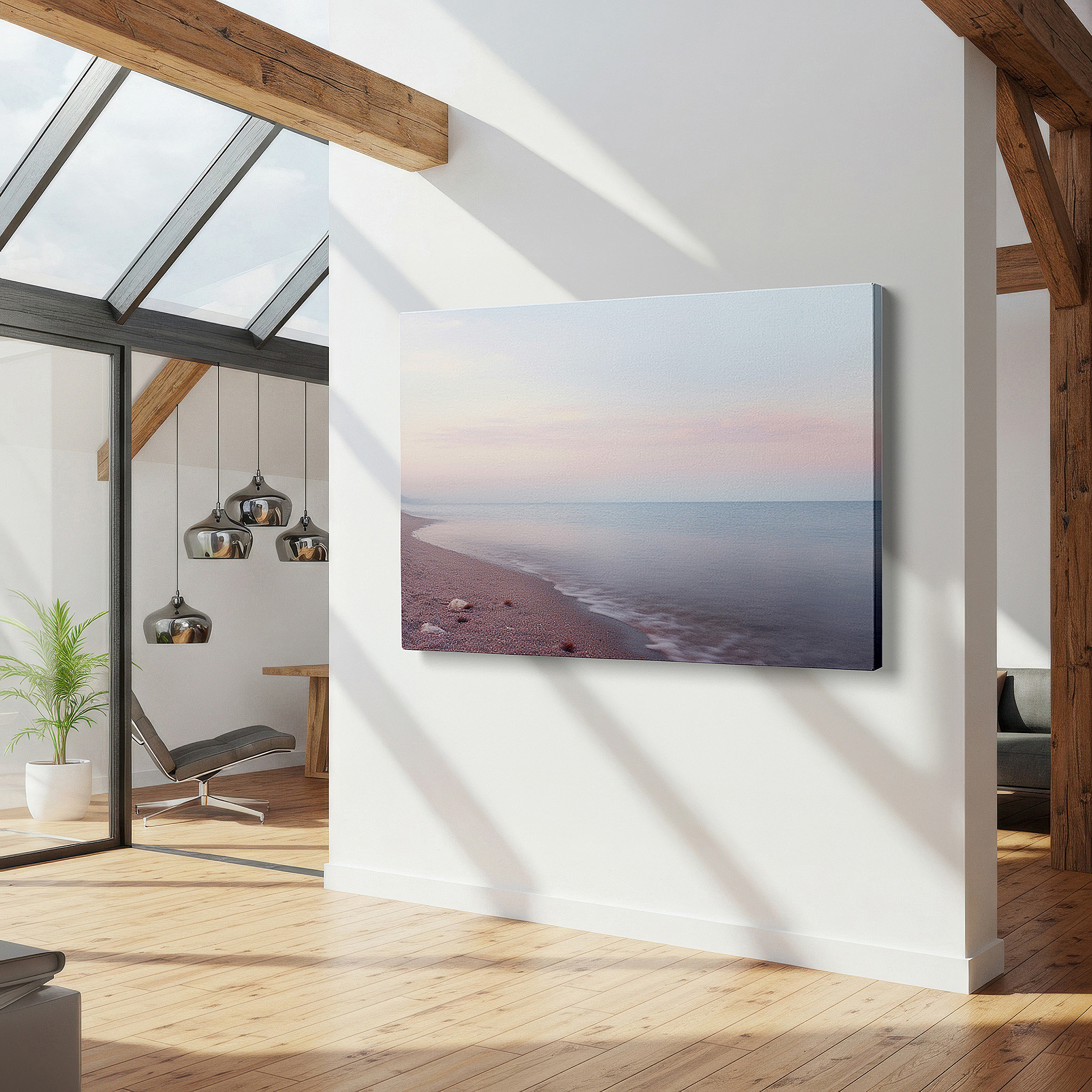 Aligned with a curated gallery wall of abstract artworks — seaside tranquility: dawn with gentle waves and soft pastel sky - large canvas wall art for office, bedroom, and living room decor