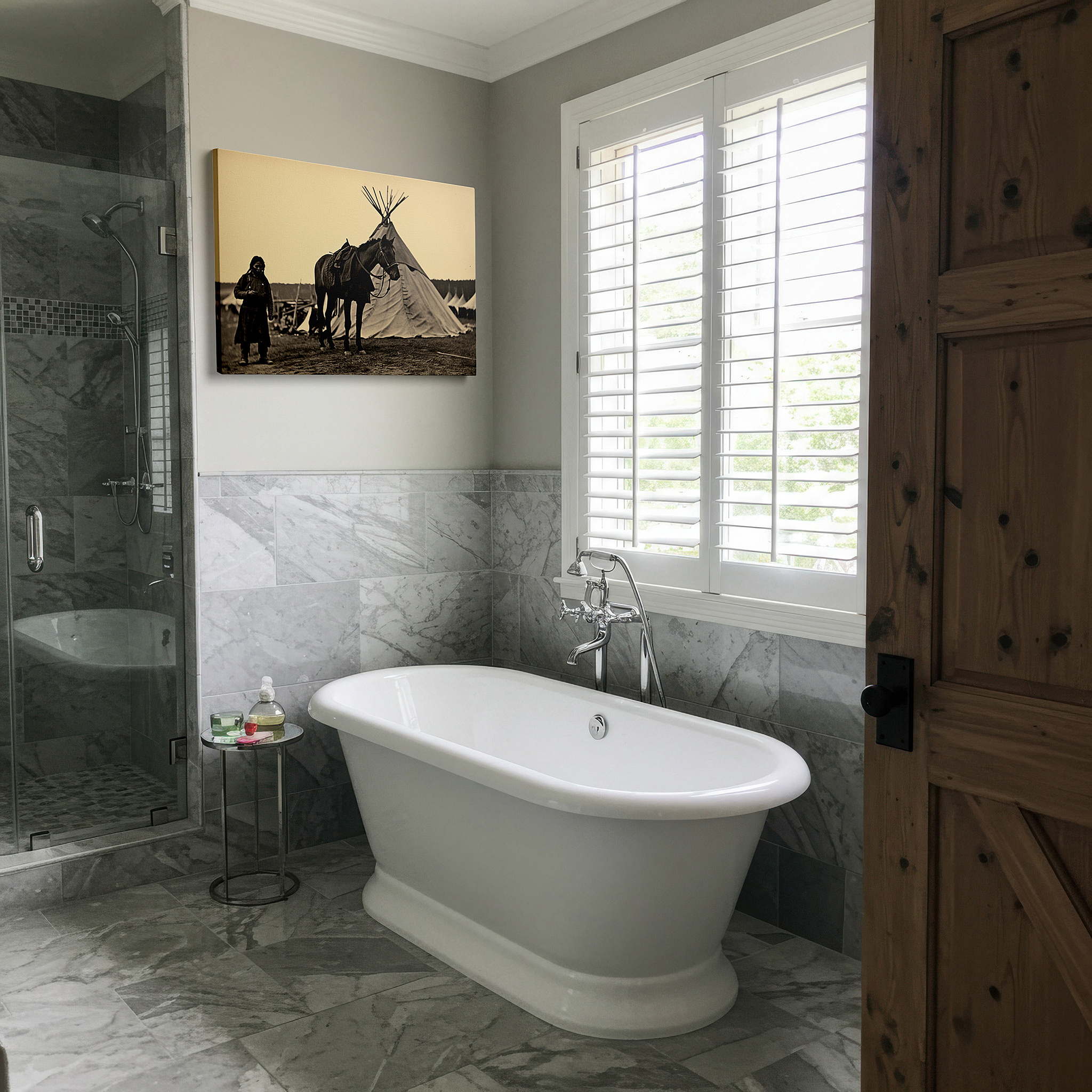 Aligned with a curated gallery wall of abstract artworks — sepia-toned timeless scene of serenity featuring a woman and horse near a teepee - large canvas wall art for office and bedroom decor