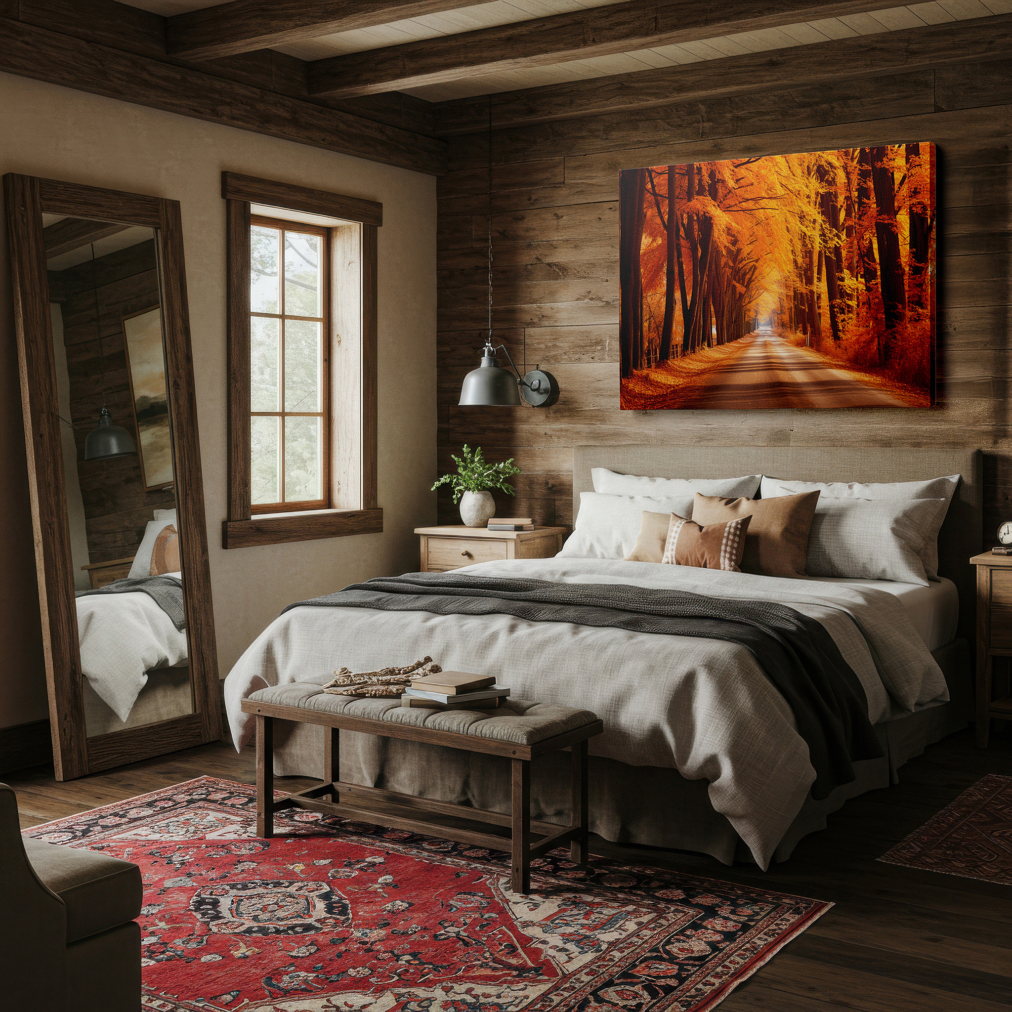 Aligned with a curated gallery wall of abstract artworks — serene avenue beneath a lively orange canopy: a journey through autumn splendor - large canvas wall art for office and bedroom decor
