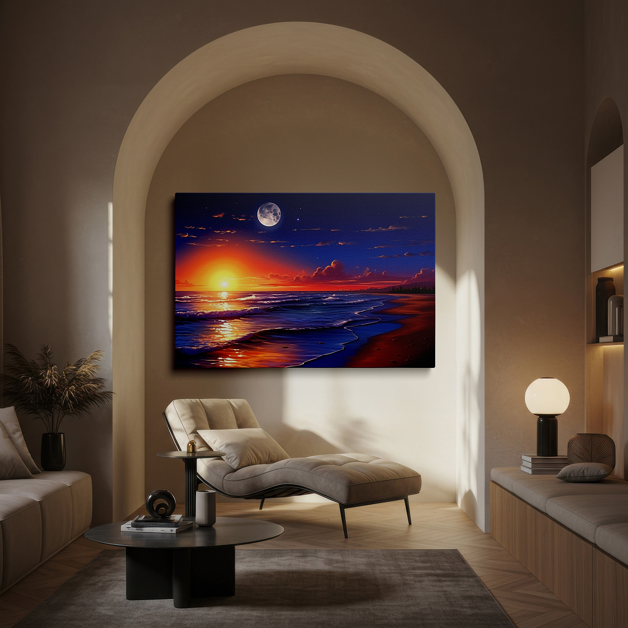 Aligned with a curated gallery wall of abstract artworks — serene beach sunset and glowing moon over ocean waves - large canvas wall art for office, bedroom, and living room decor