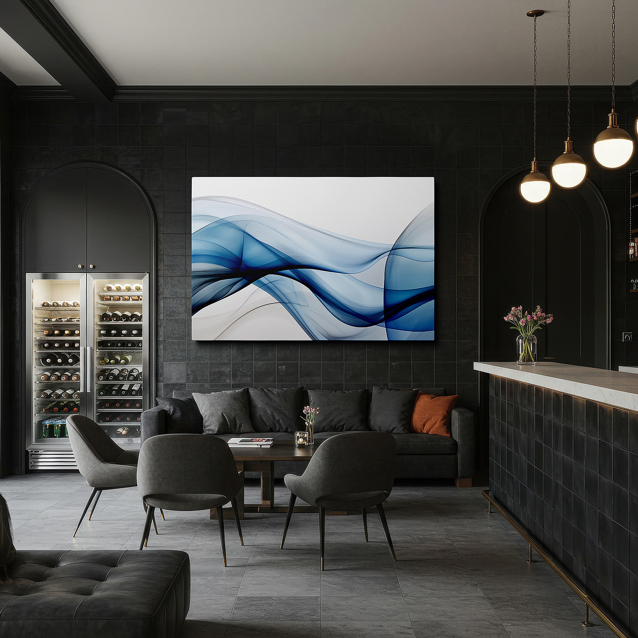 Aligned with a curated gallery wall of abstract artworks — serene blue waves: abstract expression in large canvas wall art for office decor