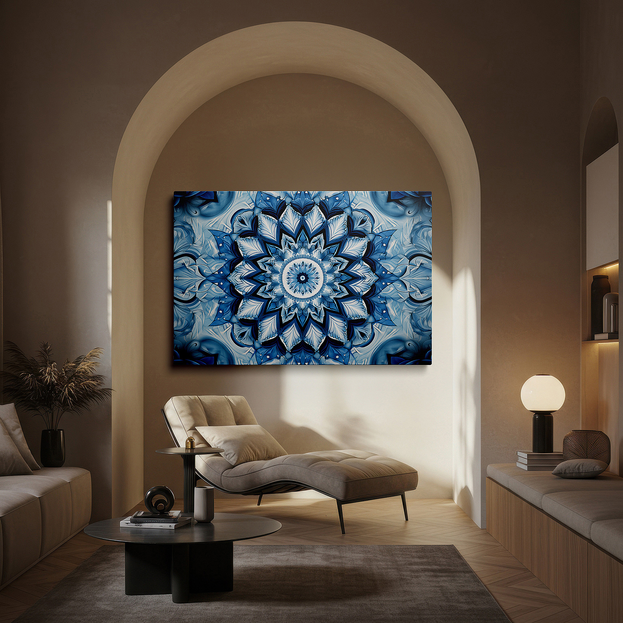 Aligned with a curated gallery wall of abstract artworks — serene blue and white mandala wall art for meditation and reflection - large canvas decor for office, bedroom, and living spaces