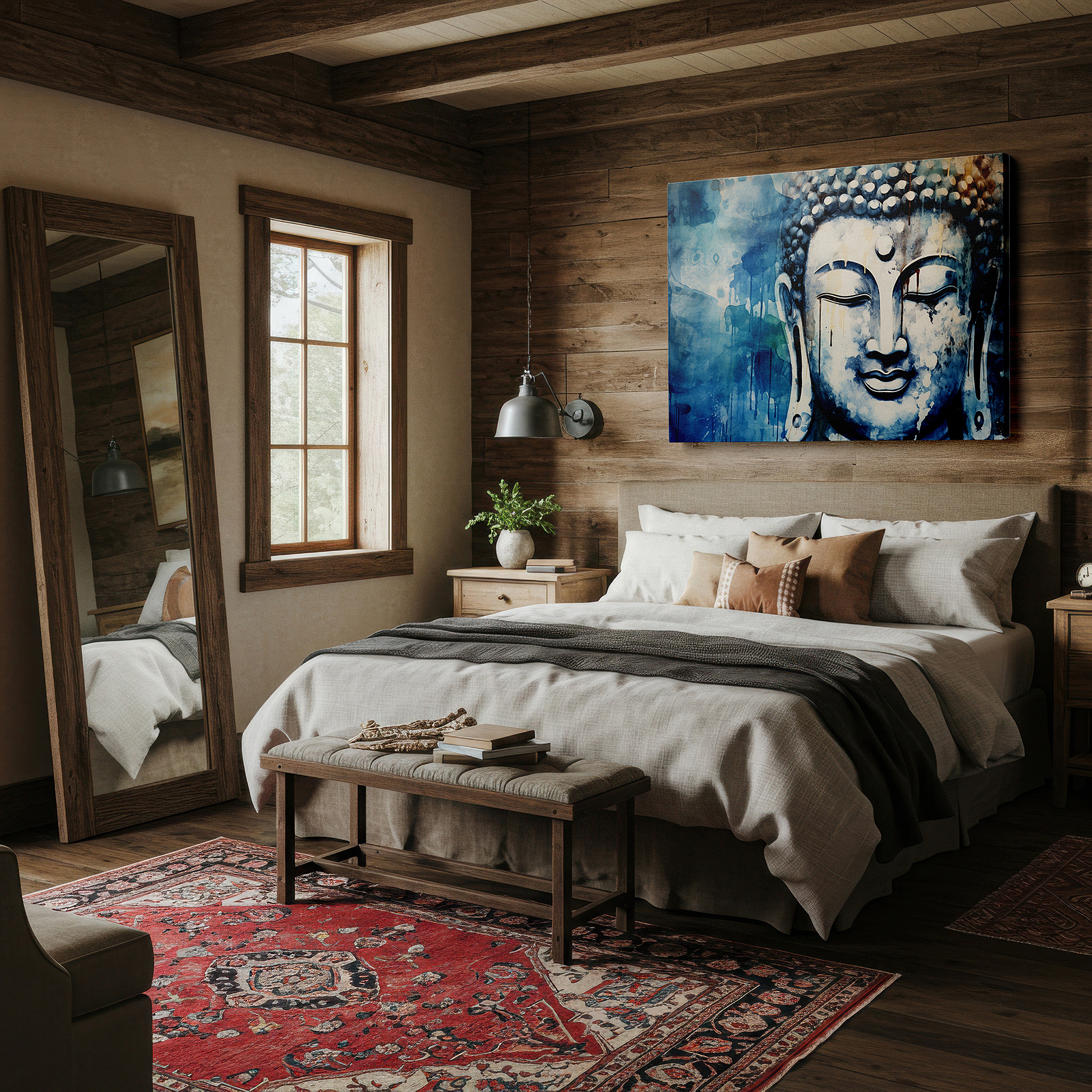 Aligned with a curated gallery wall of abstract artworks — serene buddha portrait in calming blue: a tranquil and mystical display of spiritual depth - large canvas wall art for home and office decor