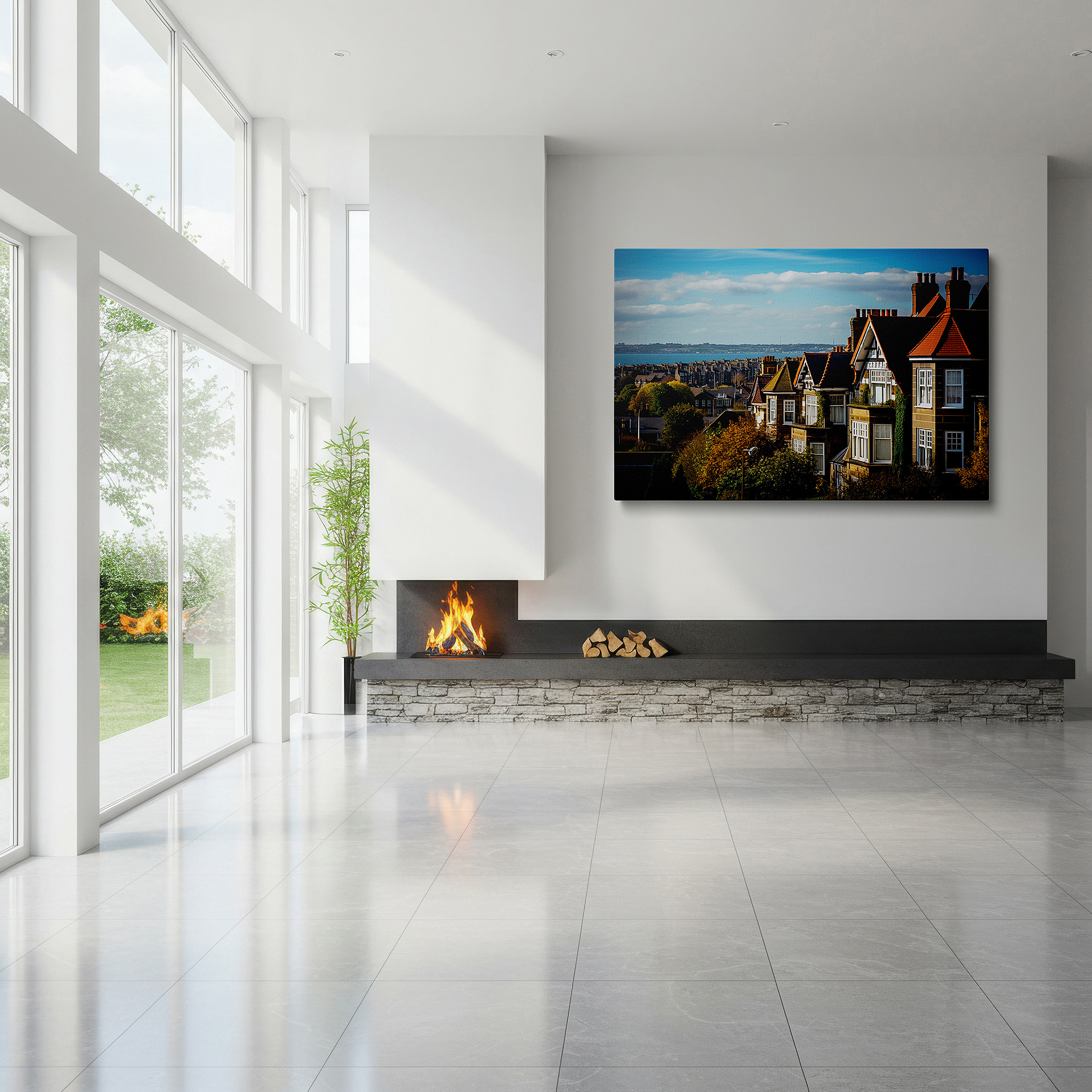 Aligned with a curated gallery wall of abstract artworks — serene coastal village canvas with sunlit homes and blue sea - large wall art for office, bedroom, and living room decor