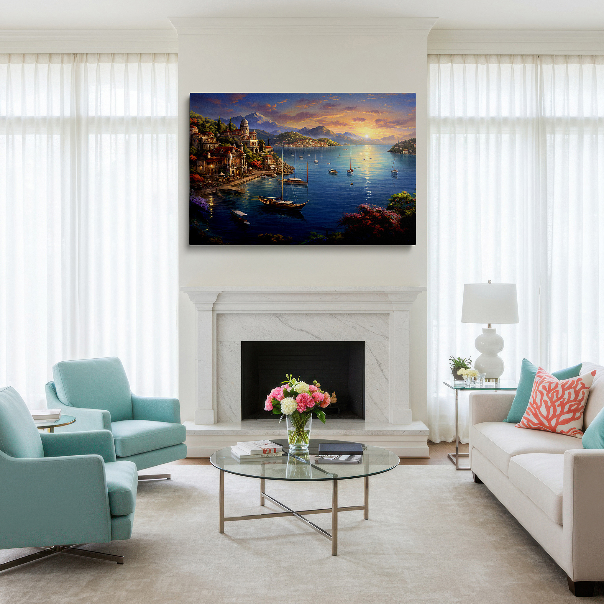Aligned with a curated gallery wall of abstract artworks — serene coastal village at sunset: quaint buildings bathed in golden glow - large wall art, canvas wall art, wall decor for office