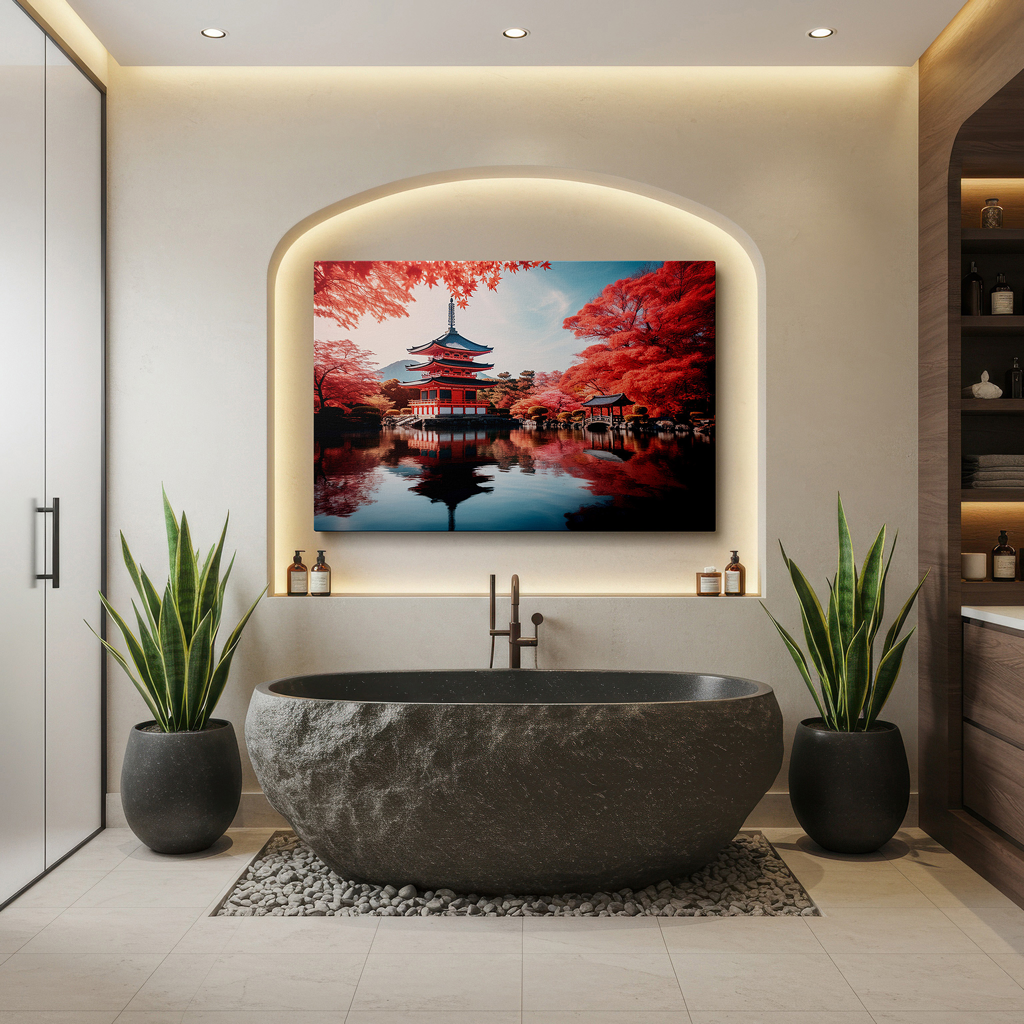 Aligned with a curated gallery wall of abstract artworks — serene japanese pagoda surrounded by autumn leaves, peaceful reflections on calm water large wall art, canvas wall art, wall decor for office