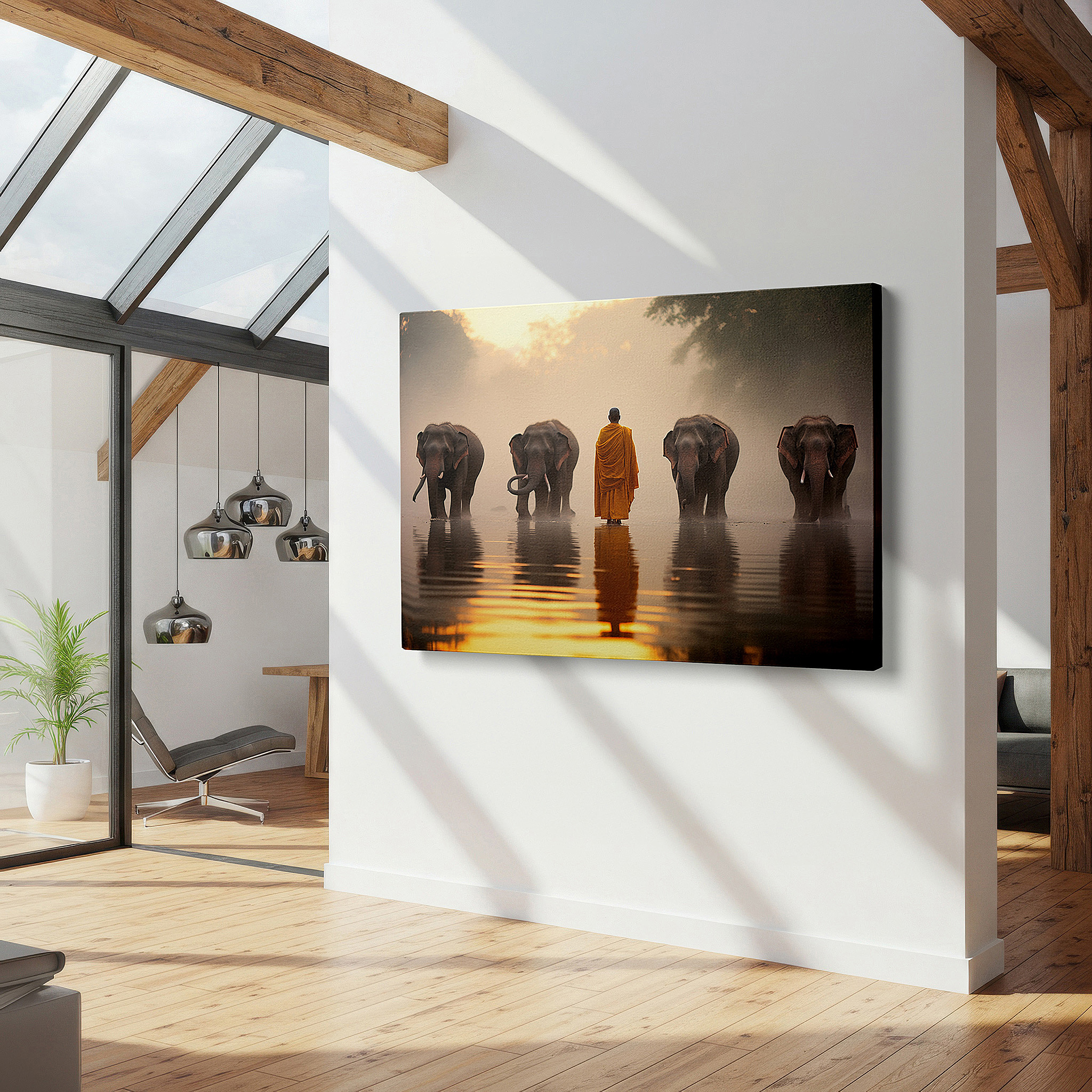 Aligned with a curated gallery wall of abstract artworks — serene monk and majestic elephants at sunset by the misty river wall art - large canvas decor for office, bedroom, and living room