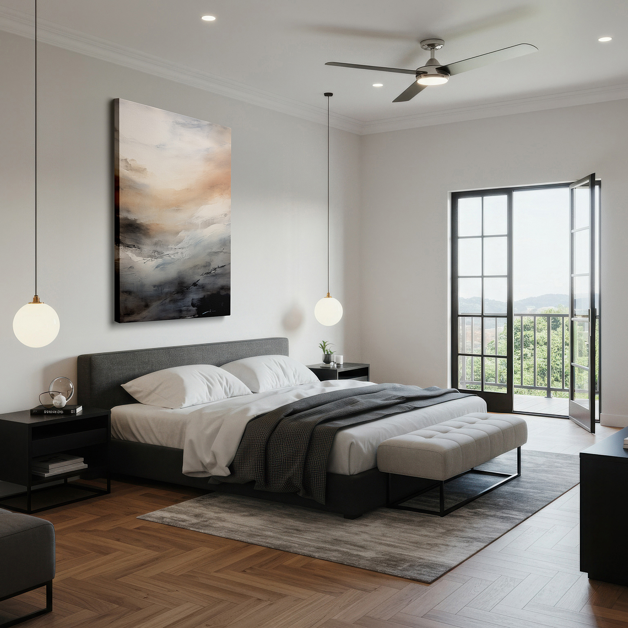Aligned with a curated gallery wall of abstract artworks — serene monochromatic landscape: peaceful natural scene for reflection - large canvas wall art for office and bedroom decor