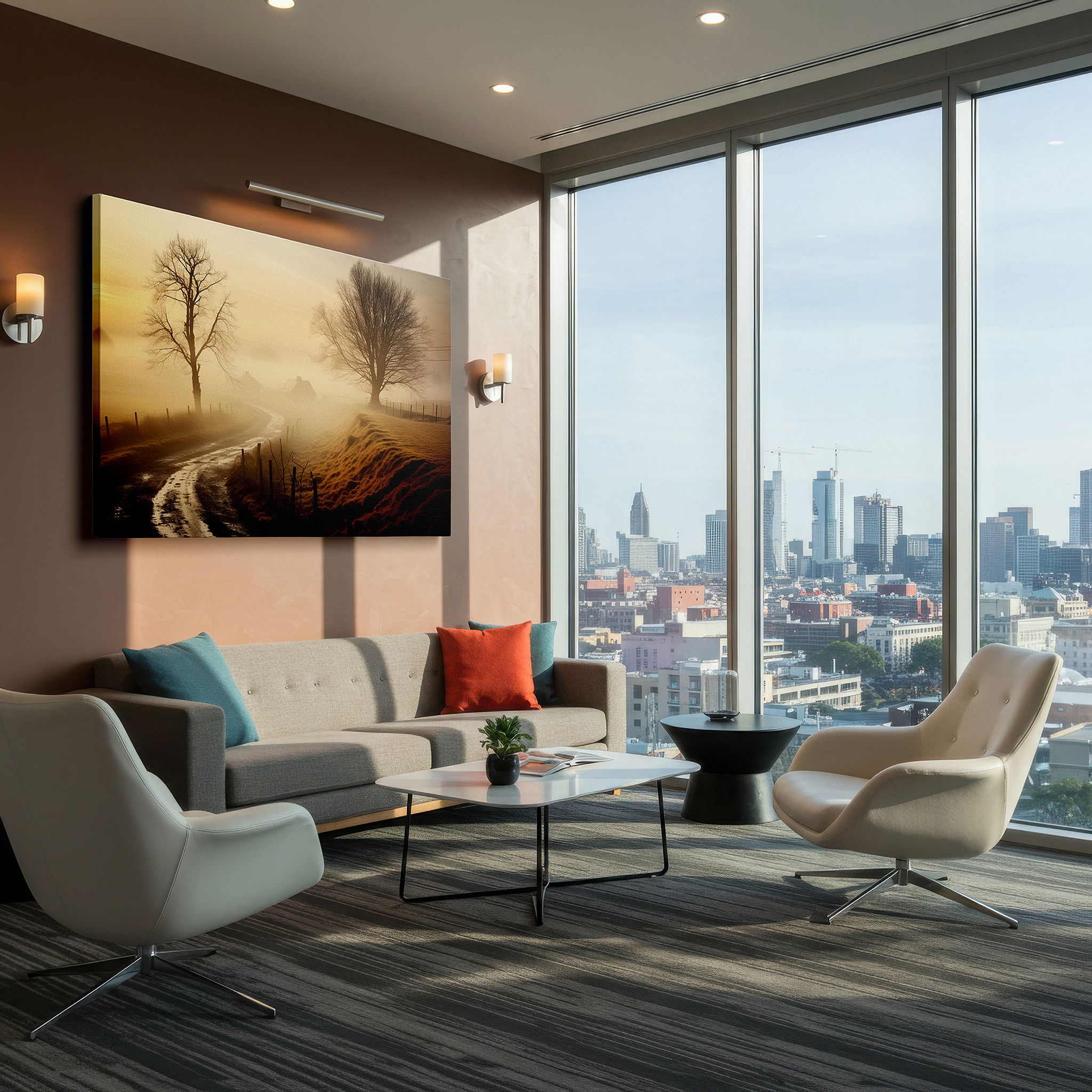 Aligned with a curated gallery wall of abstract artworks — serene morning mist and golden sunrise over tranquil rural landscape, large canvas wall art