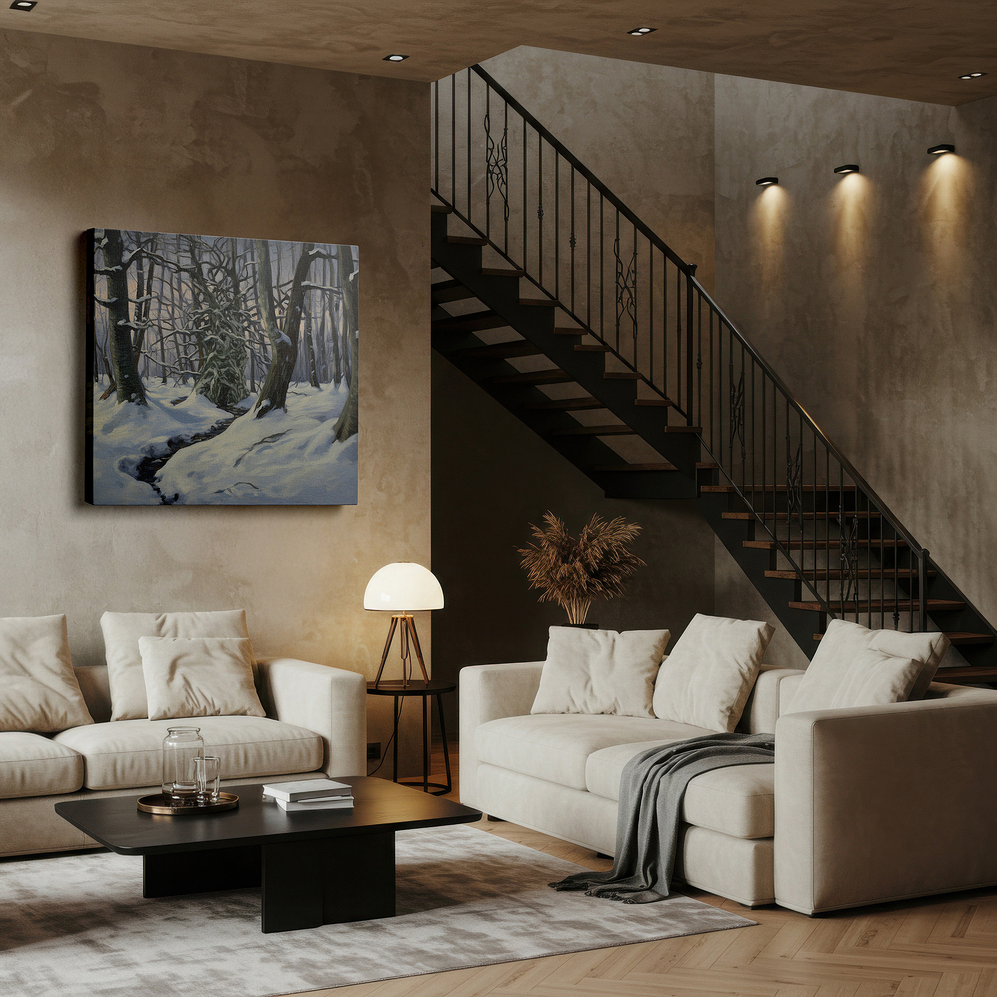 Aligned with a curated gallery wall of abstract artworks — serene winter forest path - tranquil snowy woods large wall art, canvas wall art, wall decor for office