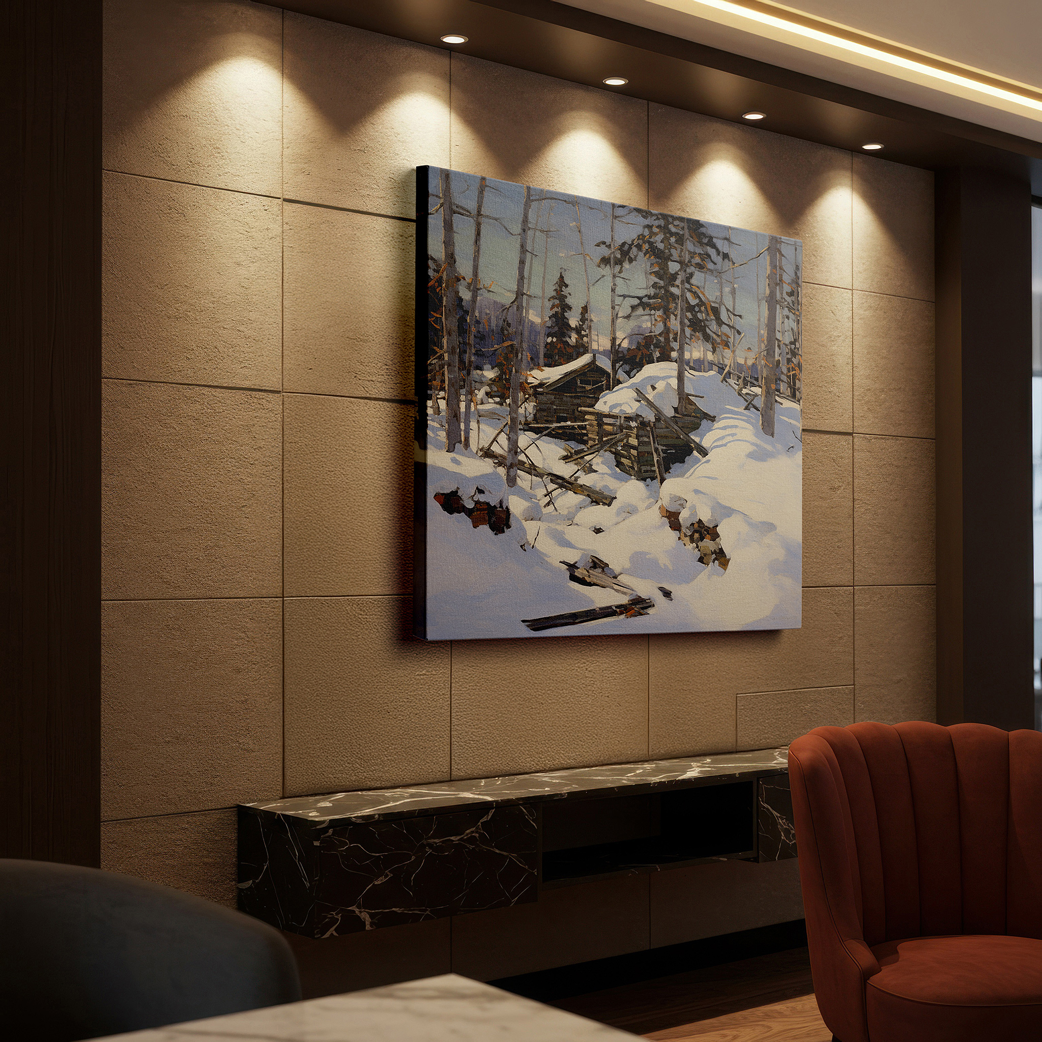 Aligned with a curated gallery wall of abstract artworks — snow-covered cabins in a quiet forest - a mysterious winter scene of desertion and nature's endurance, large wall art, canvas wall art, wall art