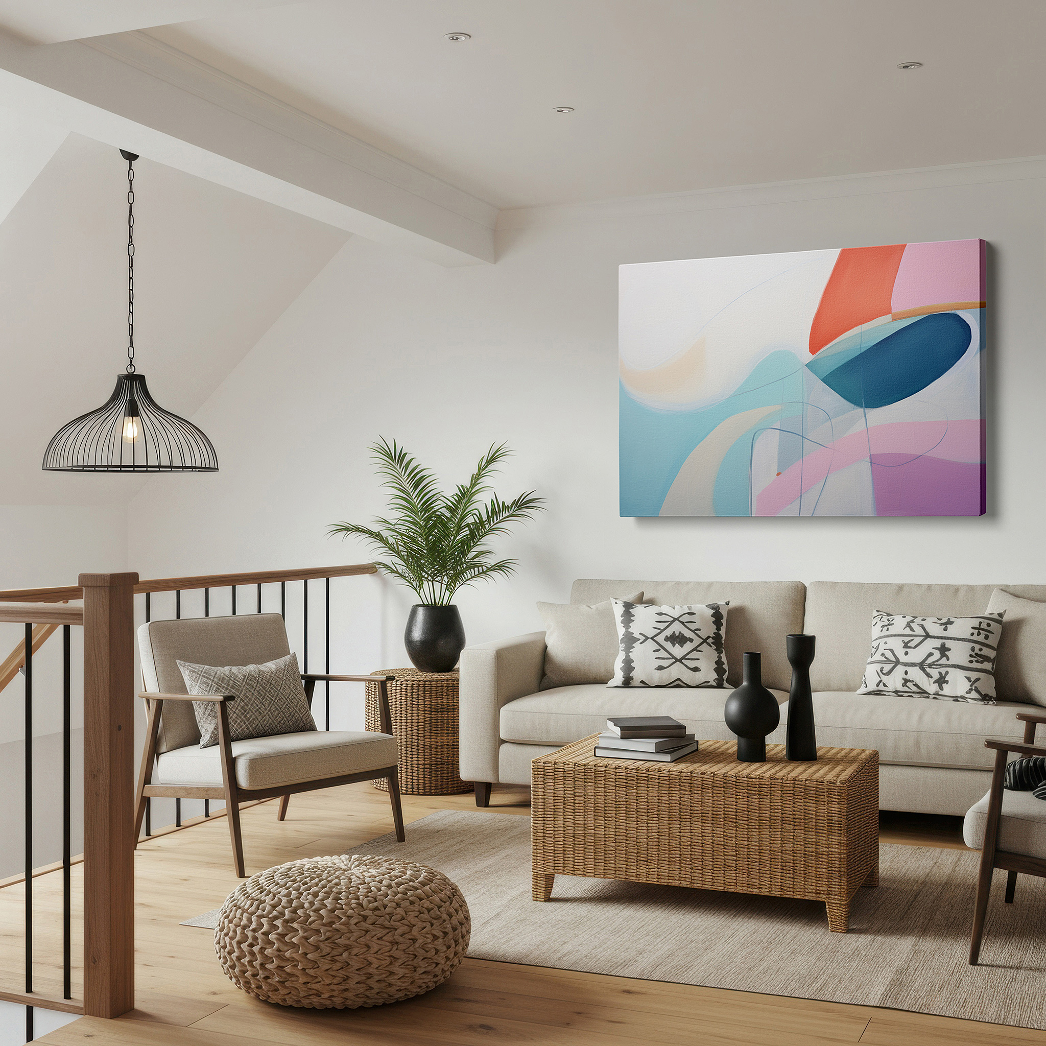 Aligned with a curated gallery wall of abstract artworks — soft pastel and fluid form large wall art for bedrooms, living rooms, and offices