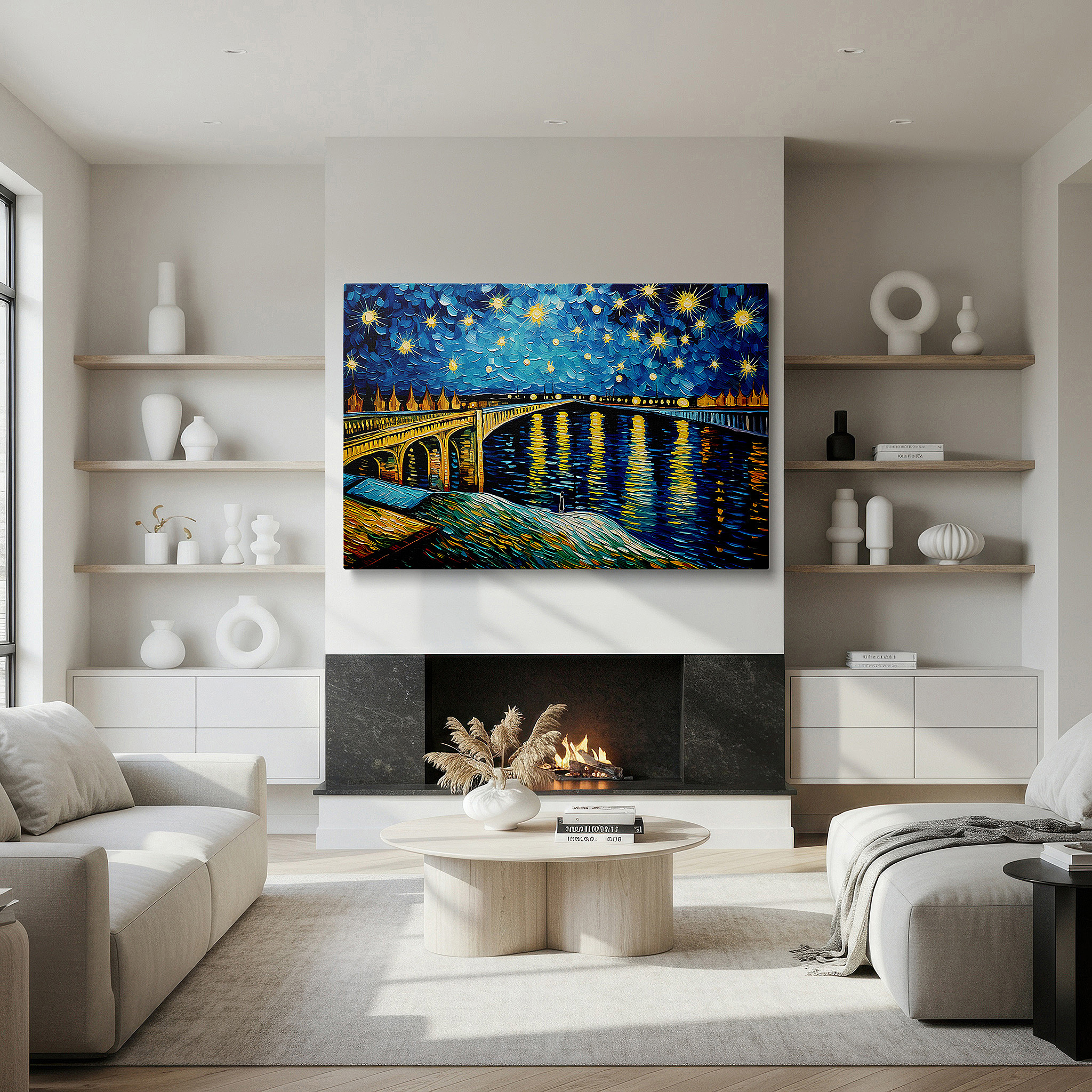Aligned with a curated gallery wall of abstract artworks — starry night over tranquil river with golden bridge lights - large canvas wall art for office, bedroom, and living room decor