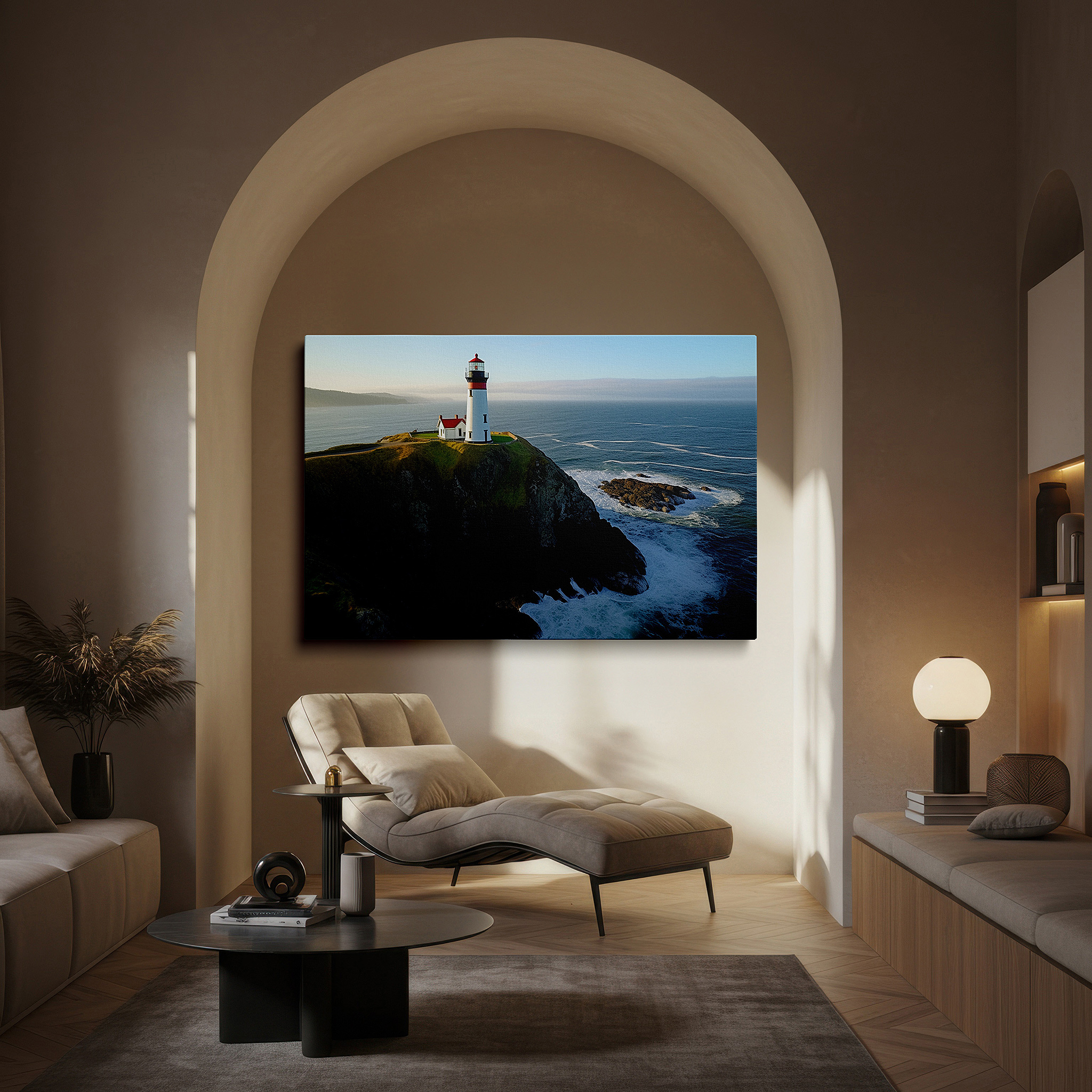 Aligned with a curated gallery wall of abstract artworks — stormy seas and majestic lighthouse: a symbol of hope and resilience - large canvas wall art for home and office decor