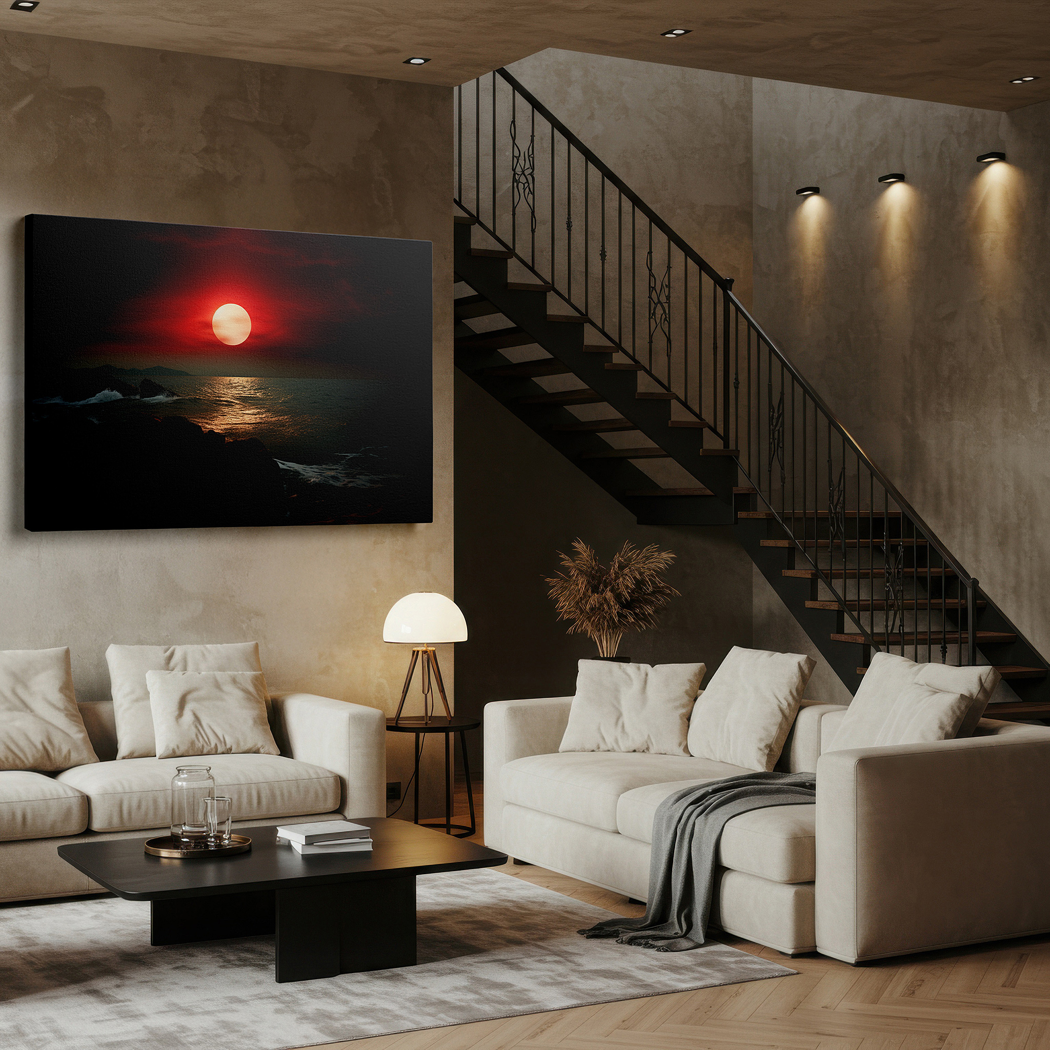 Aligned with a curated gallery wall of abstract artworks — sunset ablaze: vivid reds reflecting on ocean waves against a dark coastline - large canvas wall art for home and office decor