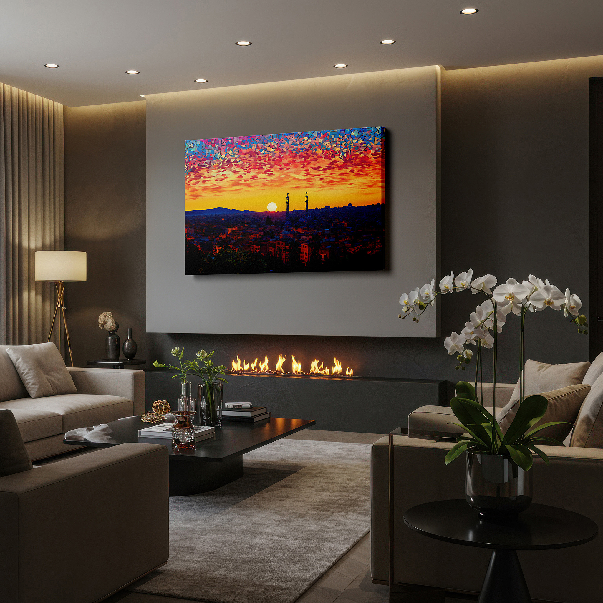 Aligned with a curated gallery wall of abstract artworks — sunset and city skyline canvas with mountain silhouettes - large wall art for office, bedroom, and living room decor