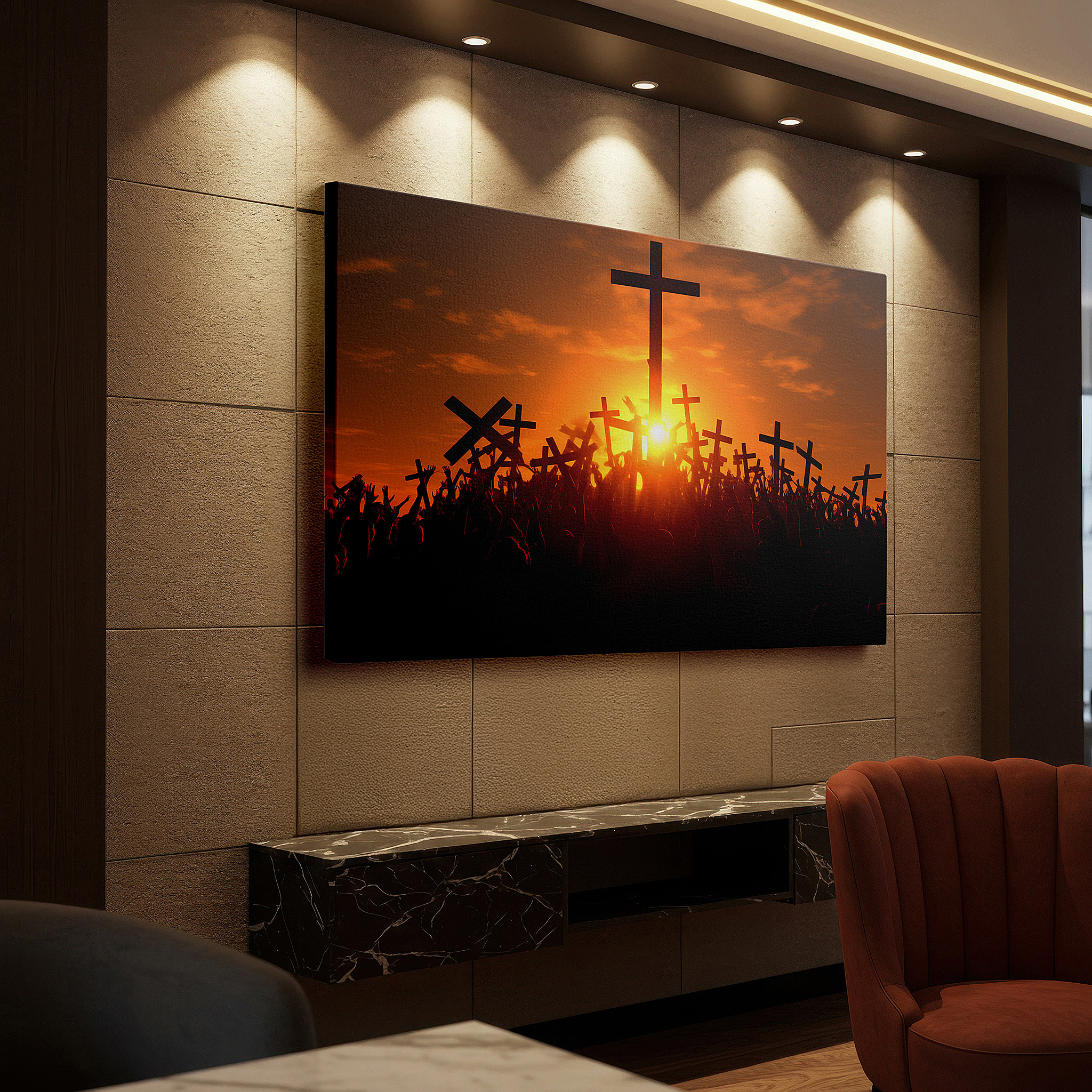 Aligned with a curated gallery wall of abstract artworks — sunset gathering wall art: faith, unity, and renewal in warm hues - large canvas for office, bedroom, and living room decor