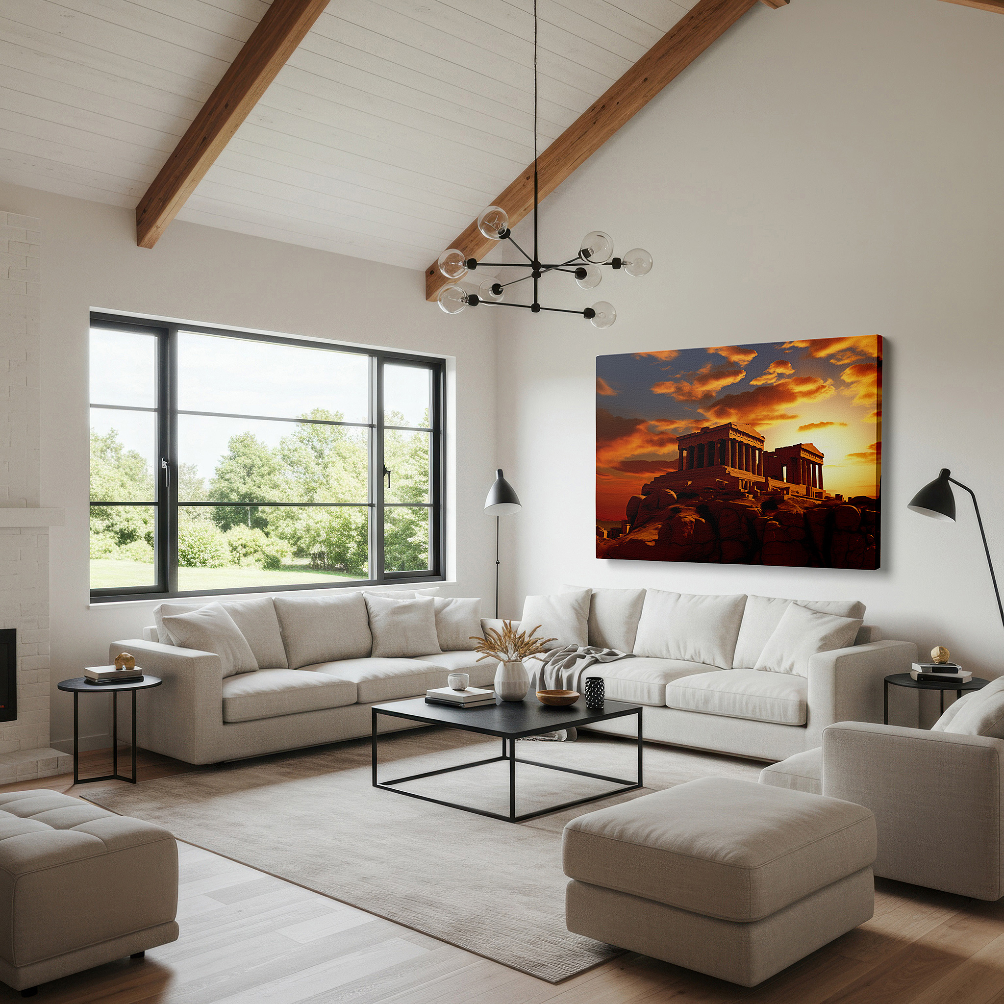 Aligned with a curated gallery wall of abstract artworks — sunset glow over ancient greek temple, timeless nature-inspired large wall art for office and bedroom decor