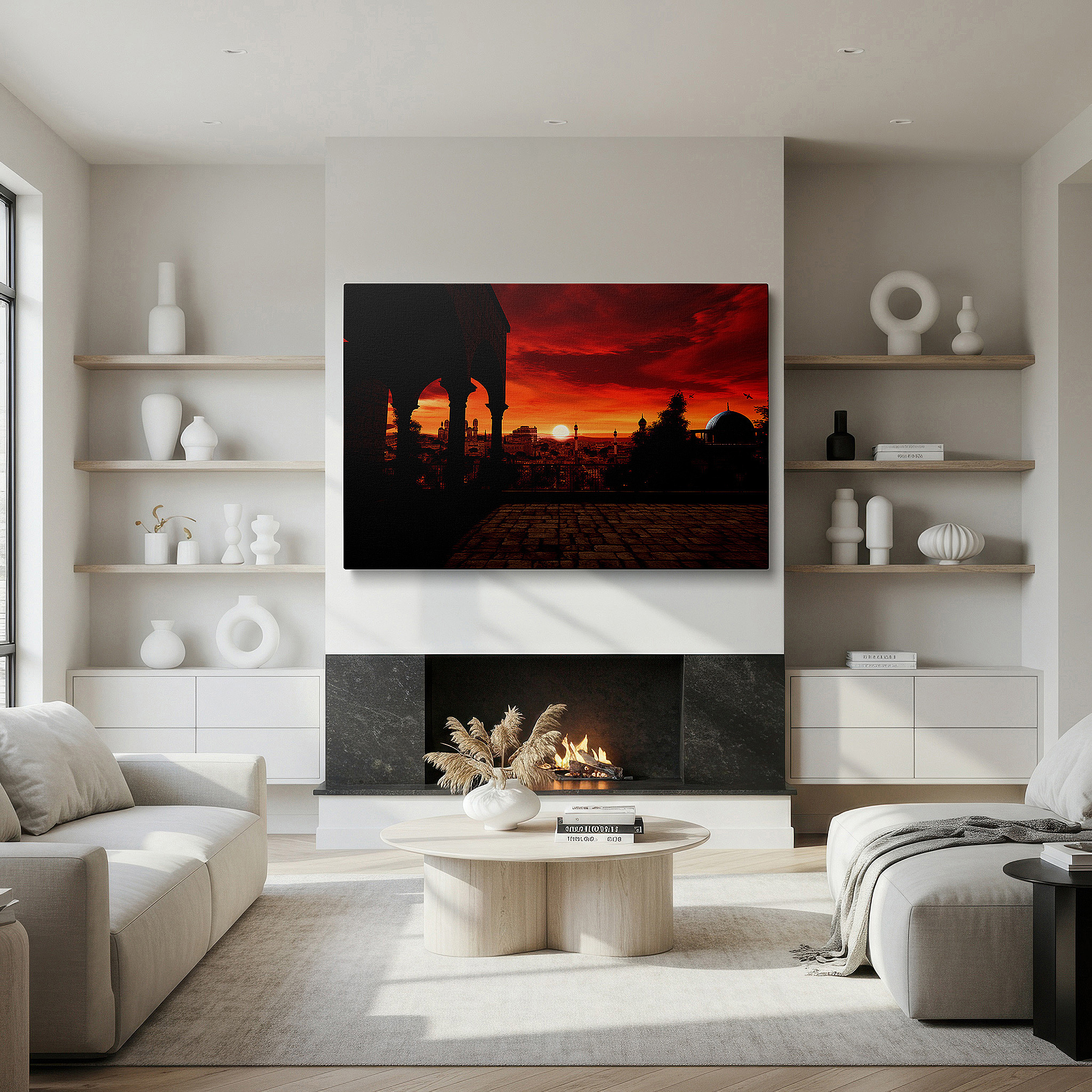 Aligned with a curated gallery wall of abstract artworks — sunset over historic cityscape wall art featuring iconic domes and minarets - large canvas for office, bedroom, and living room decor