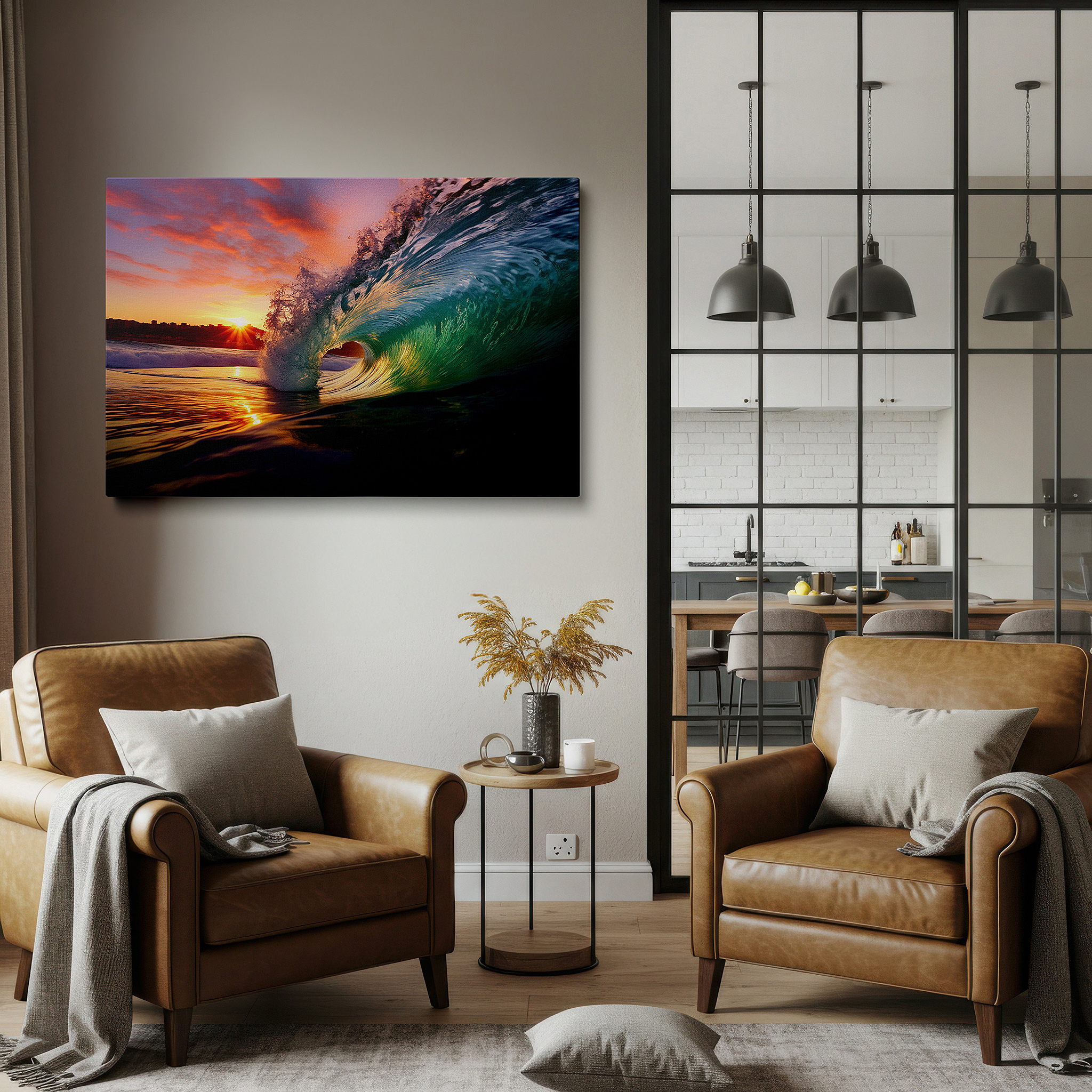 Aligned with a curated gallery wall of abstract artworks — sunset wave spectrum - vibrant ocean blues and warm sky tones large wall art, canvas wall art, wall decor for office and bedroom