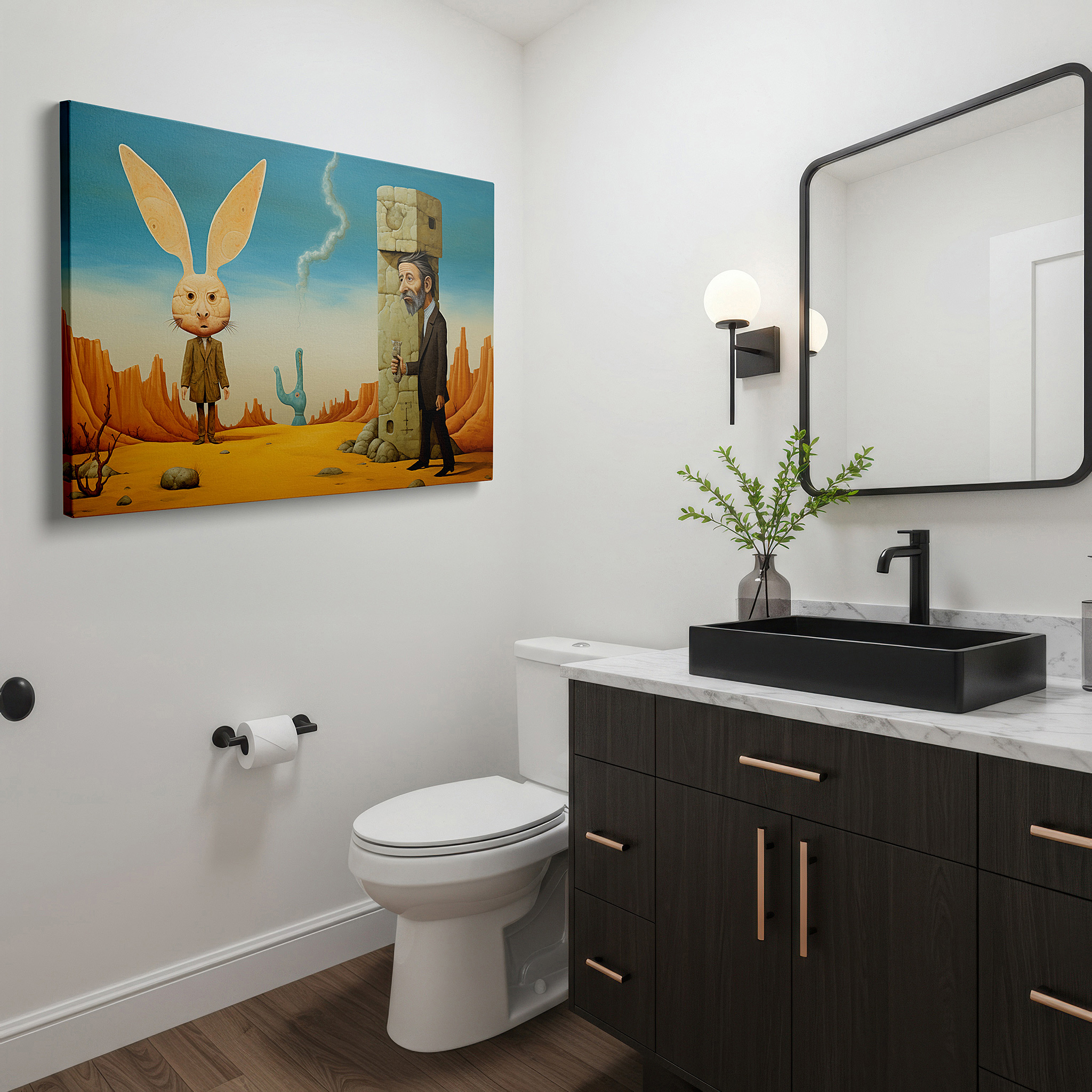 Aligned with a curated gallery wall of abstract artworks — surreal desert scene featuring human-like rabbits and people, large canvas wall art for home and office decor